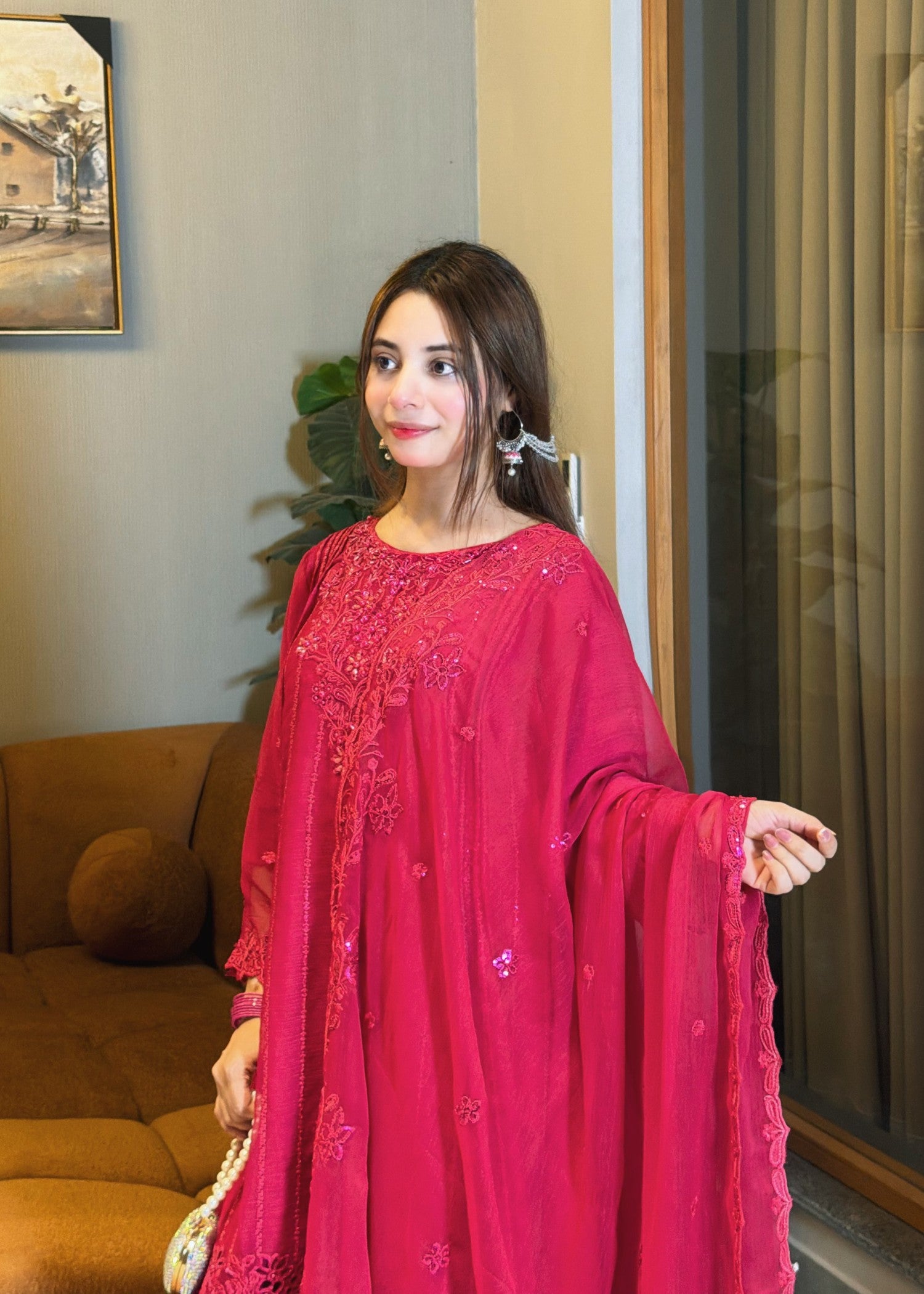 chiffon Short Frock in Hot pink