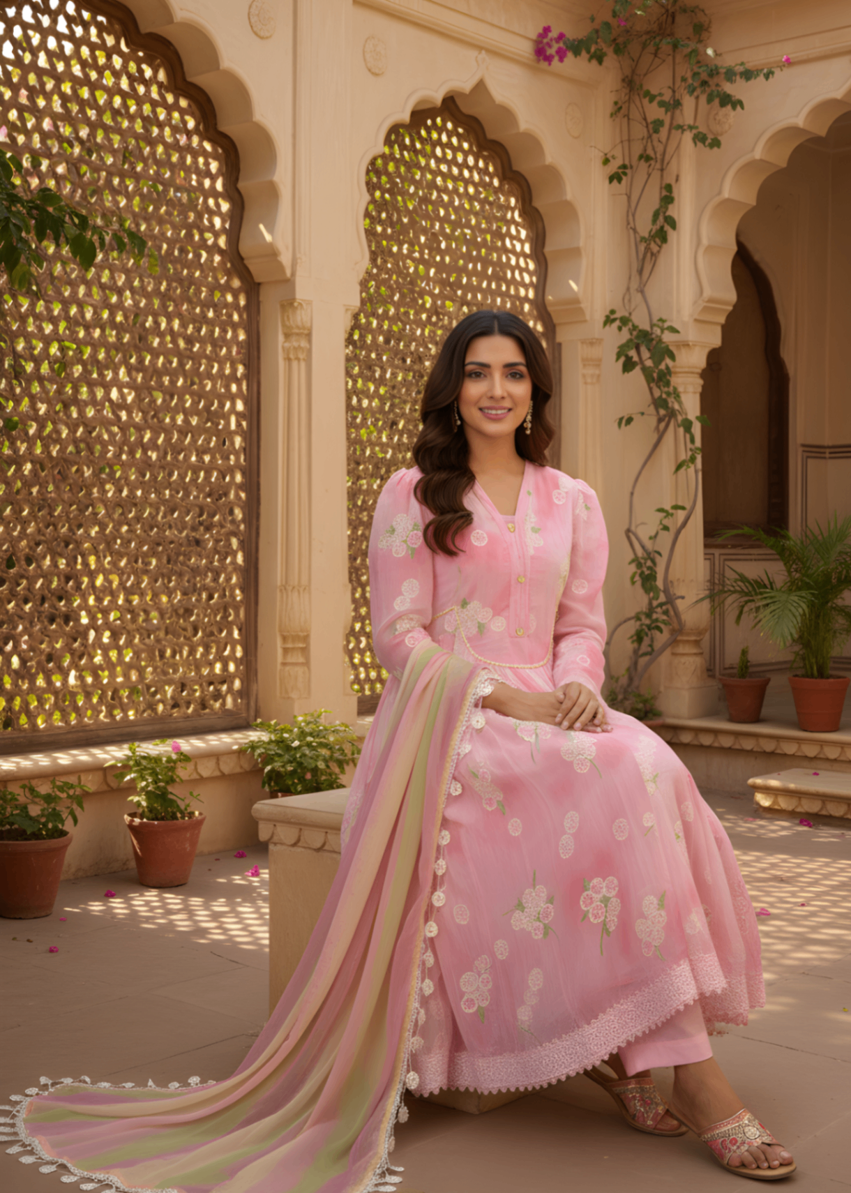chiffon silk Pishwas in Pink