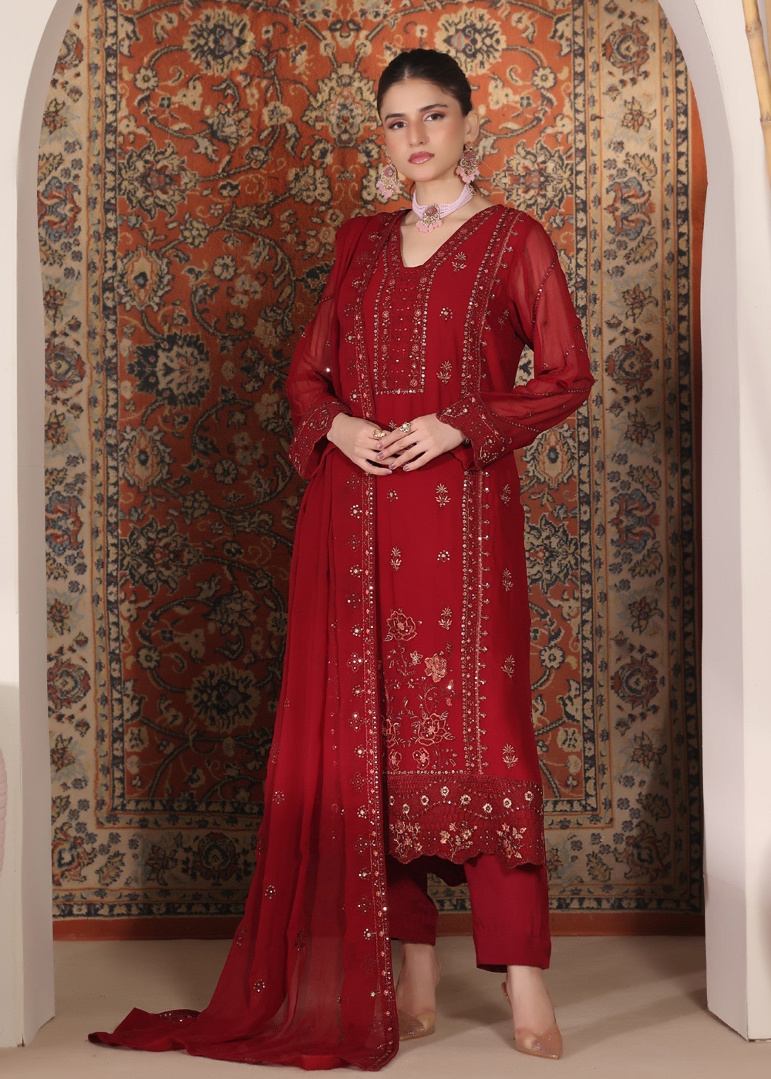 chiffon Kurta Set in Crimson