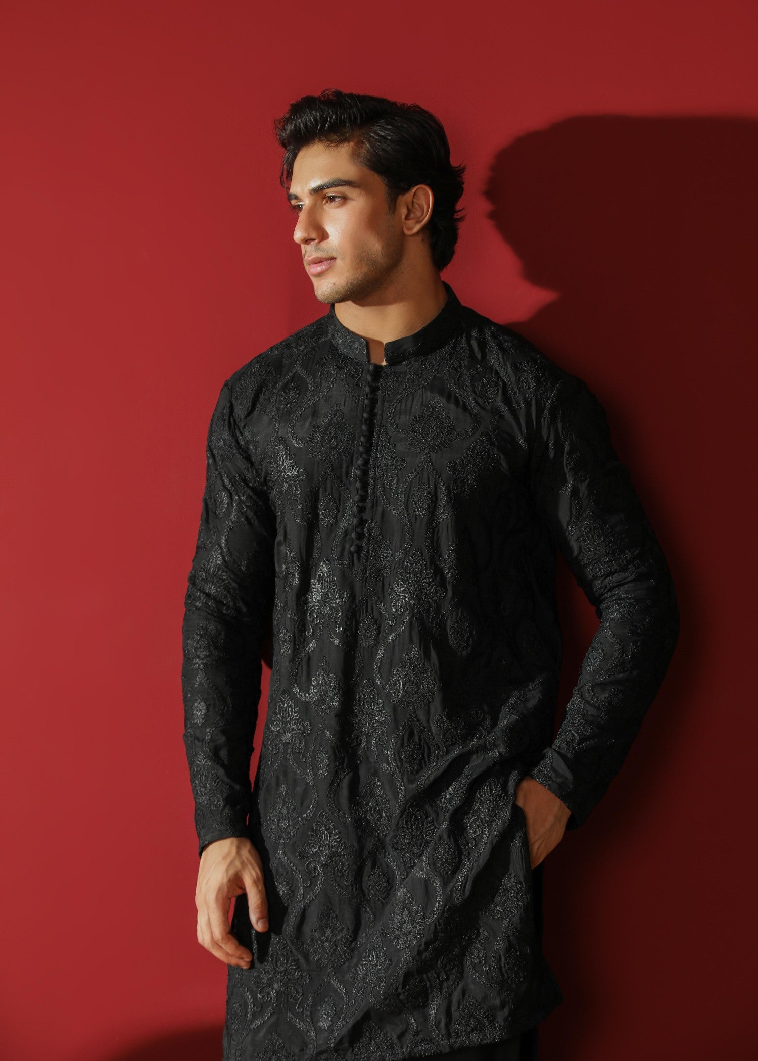 raw silk Kurta Set in Black by Muraqsh