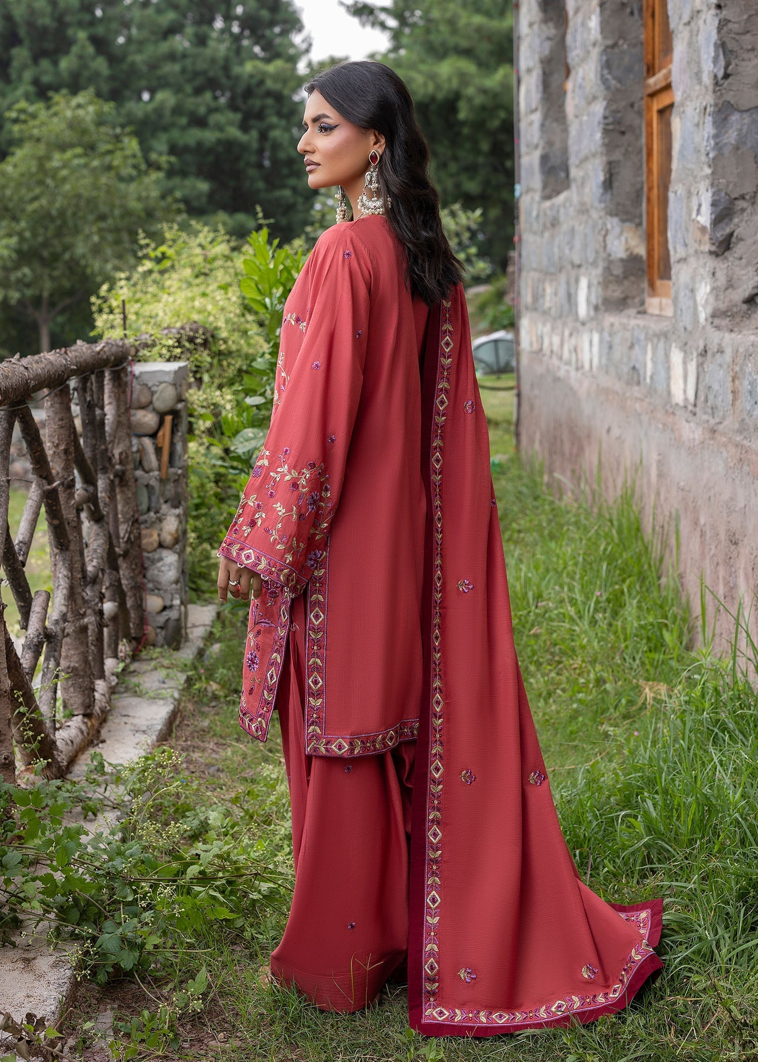 khaddar Kurta Set in Coral red