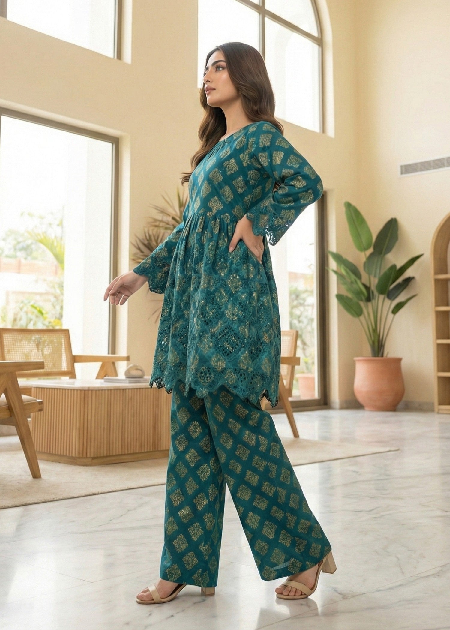 lawn Short Frock in Teal