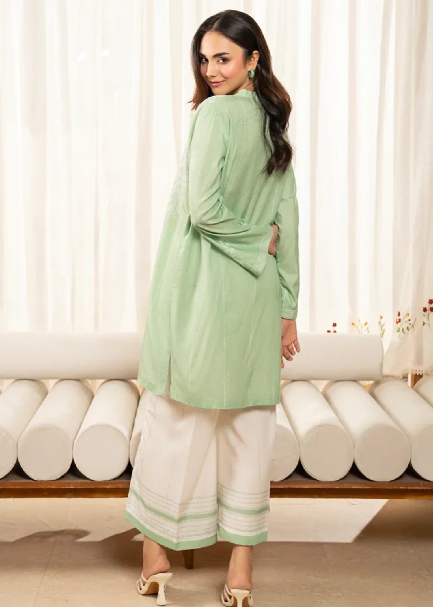 cambric Kurta Set in White, yellow green