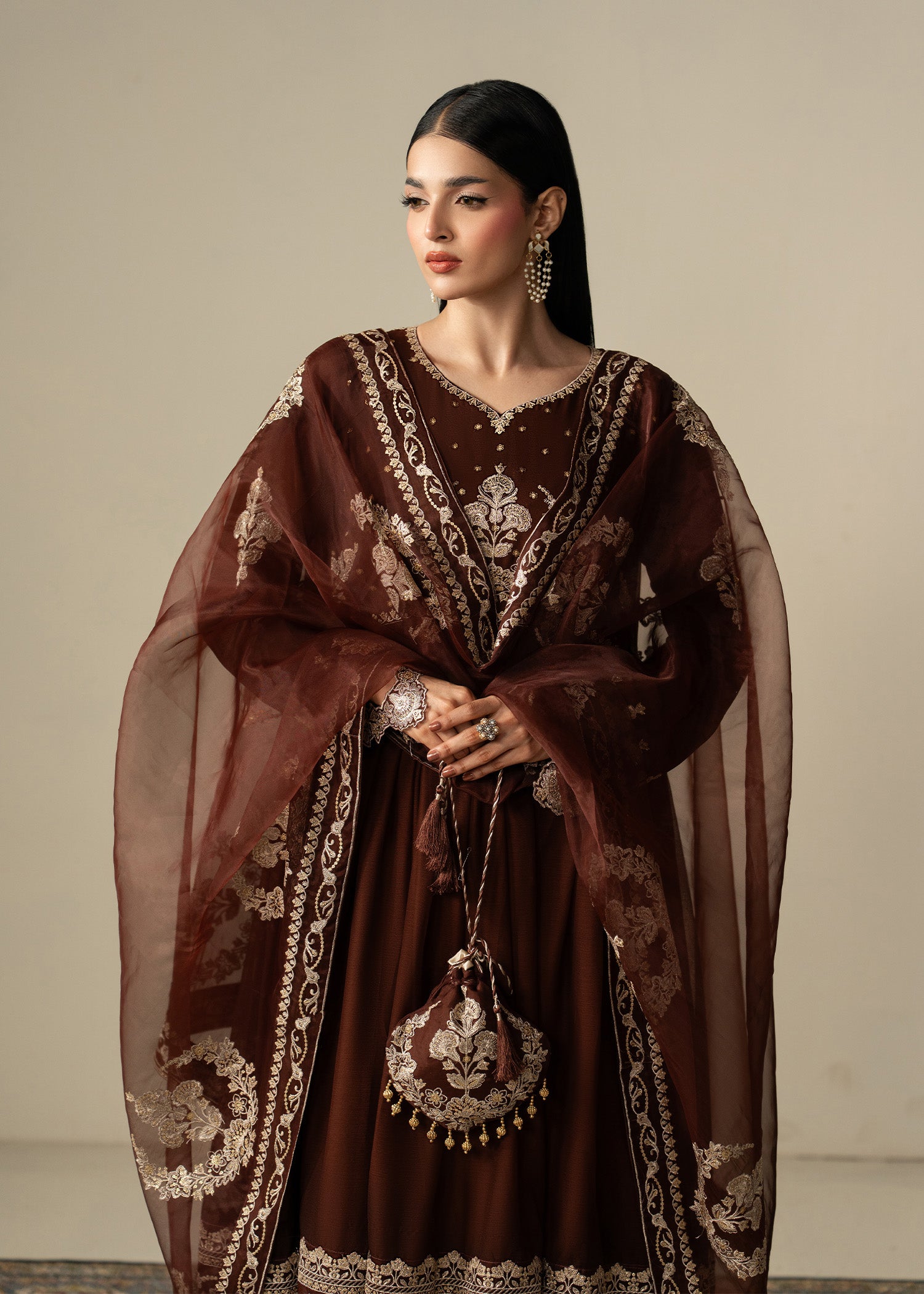 chiffon Pishwas in Brown