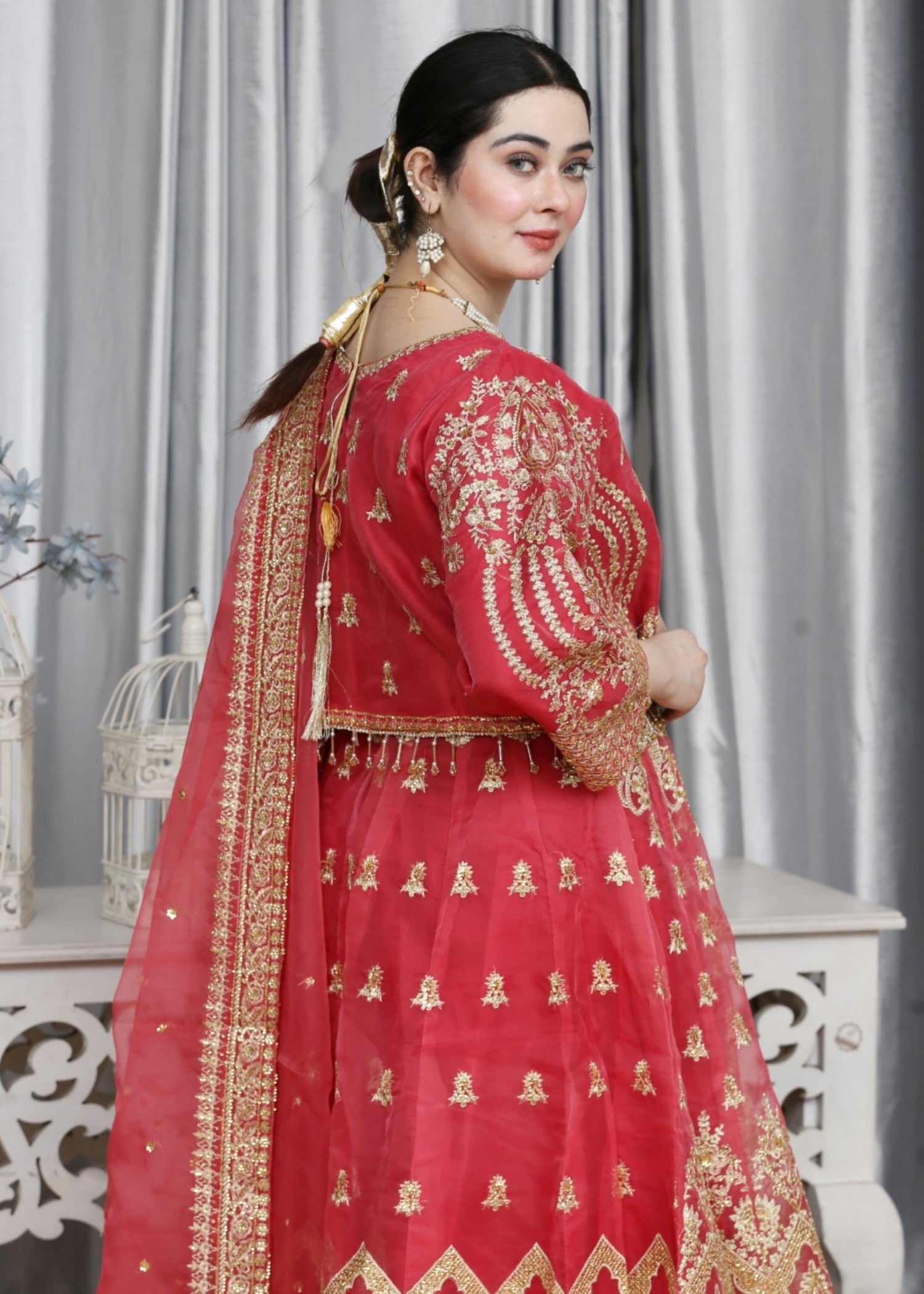 organza Lehenga in Spicy red