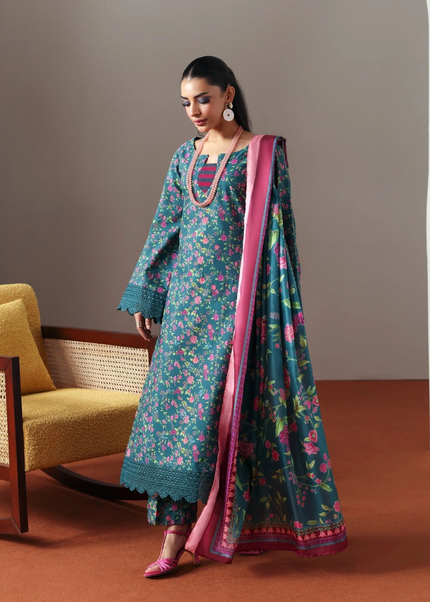 poly lawn Kurta Set in Teal