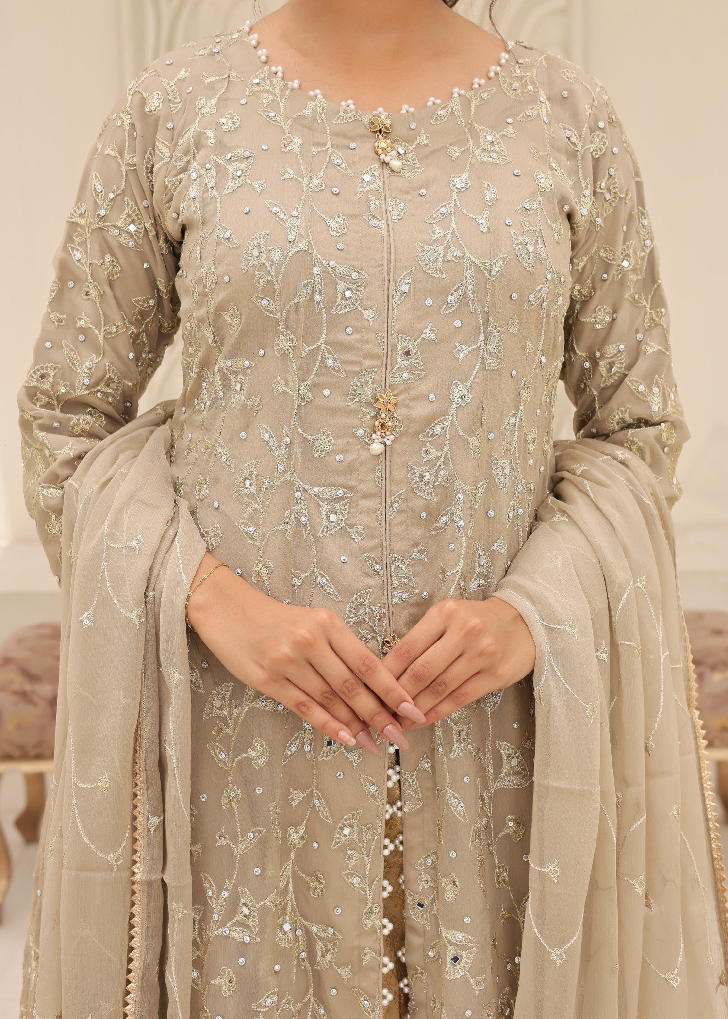 bemberg crinkle chiffon Lehenga in Eggshell