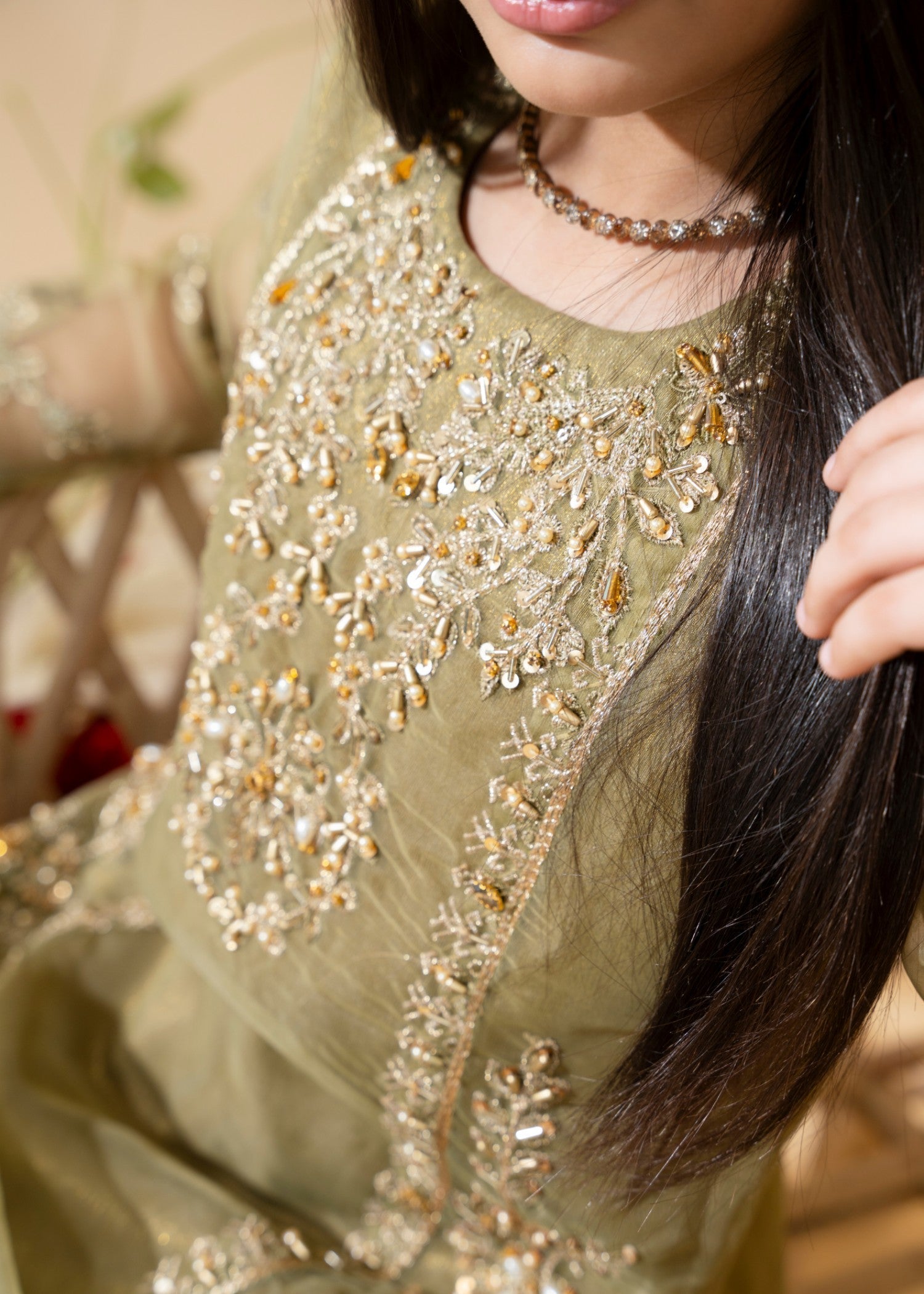 organza Lehenga in Olive green
