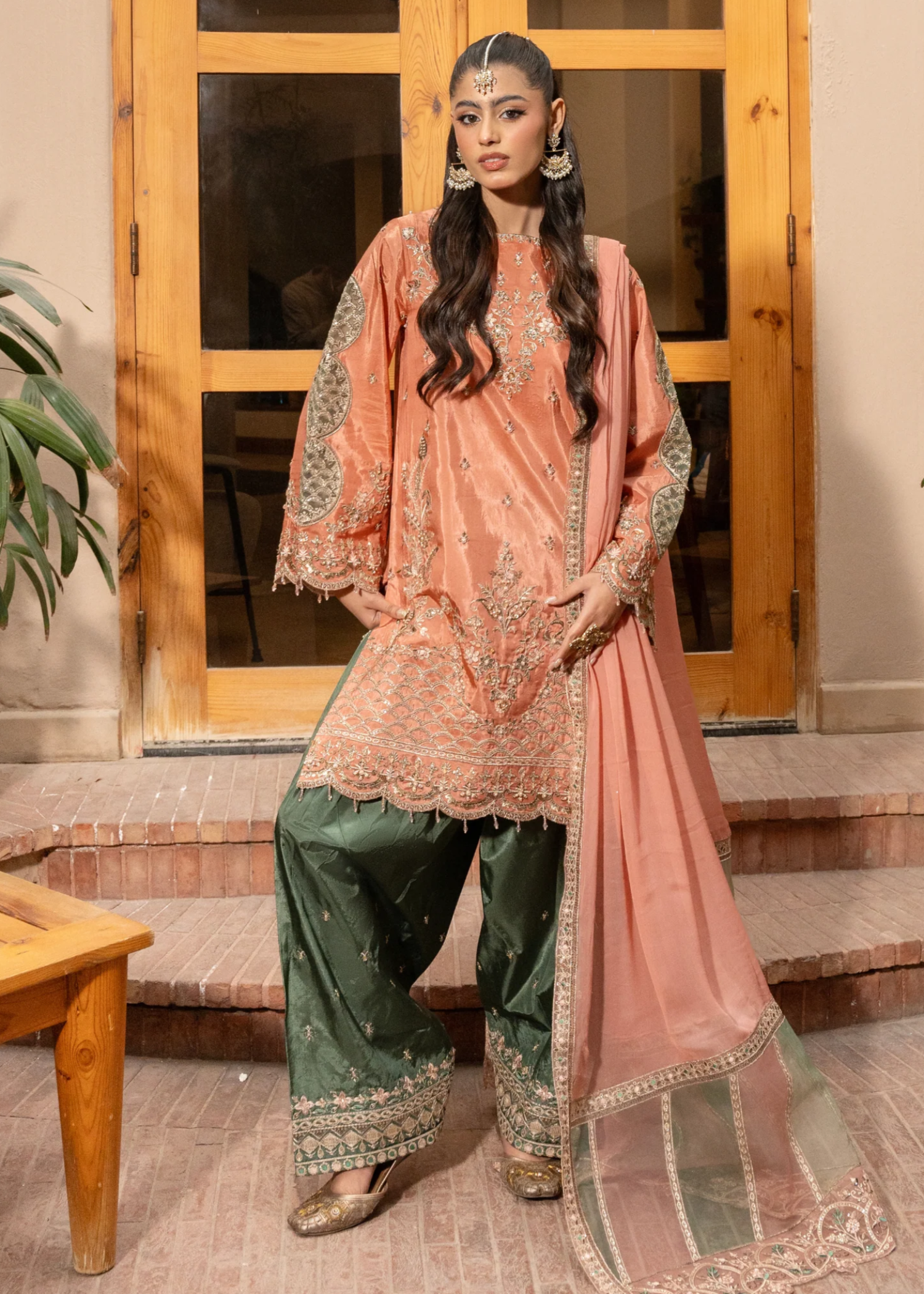 silk Unstitched in Light salmon, hunter green