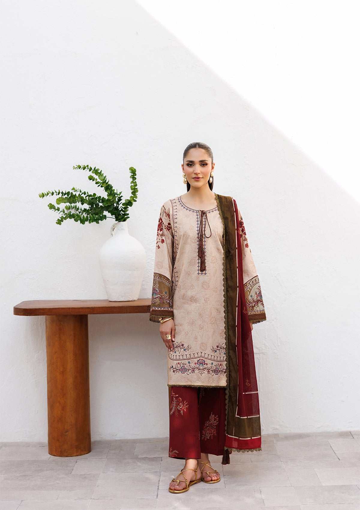 lawn Kurta Set in Almond brown