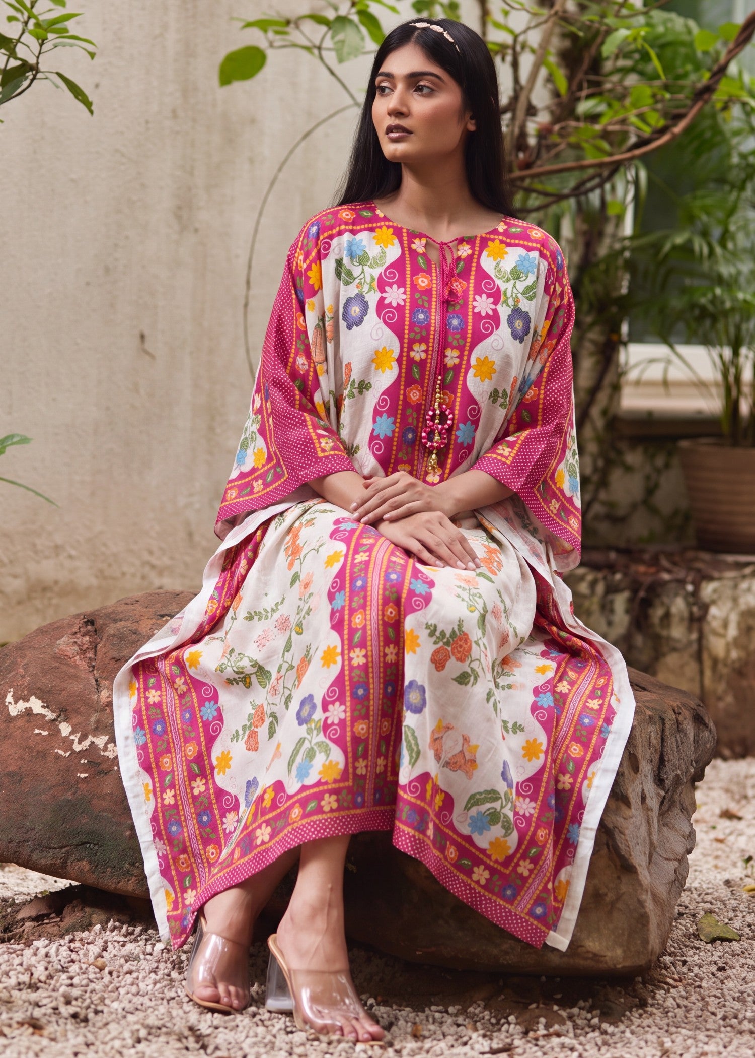 textured lawn Kaftan in Hot pink red