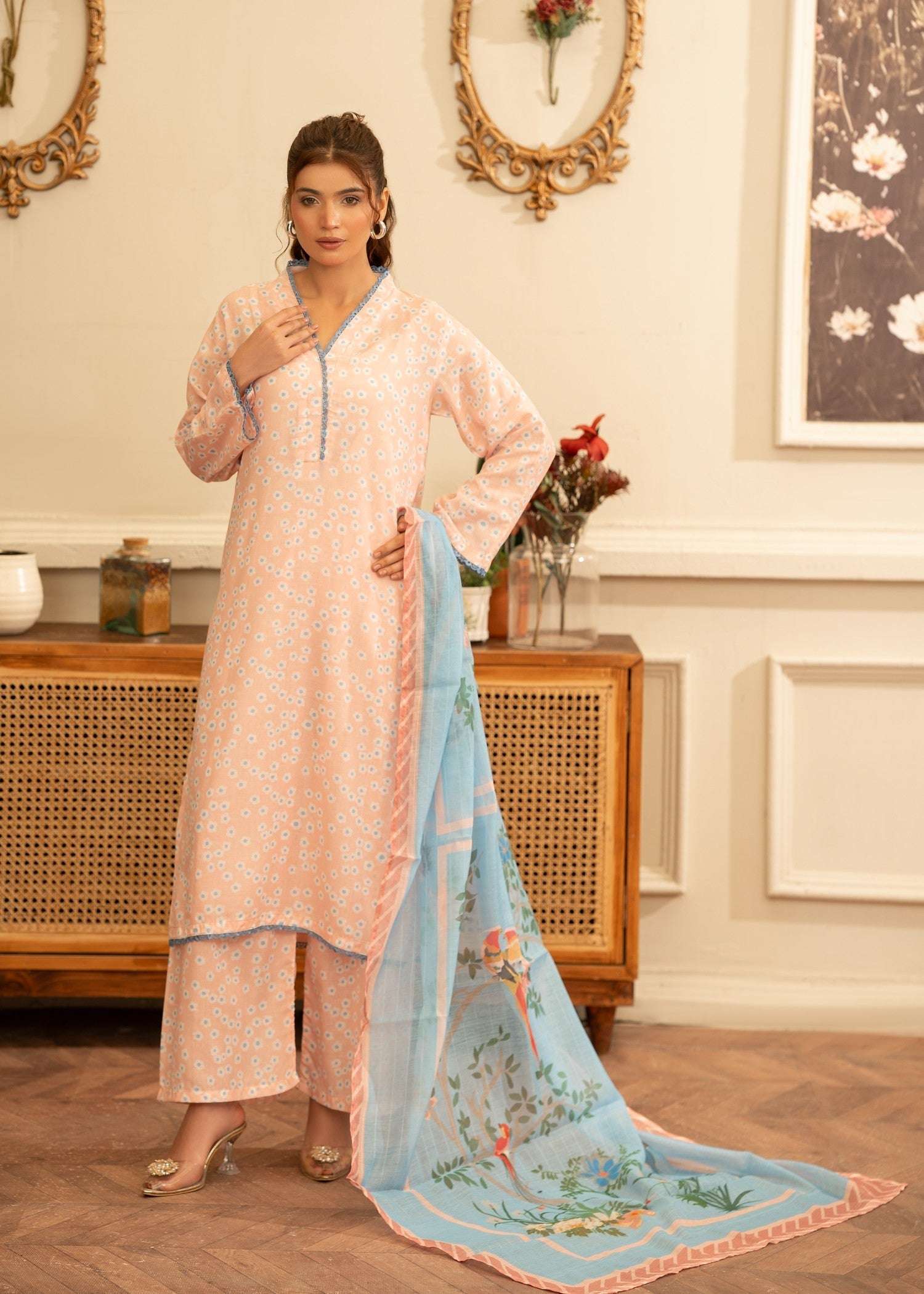 poly lawn Kurta Set in Peach orange