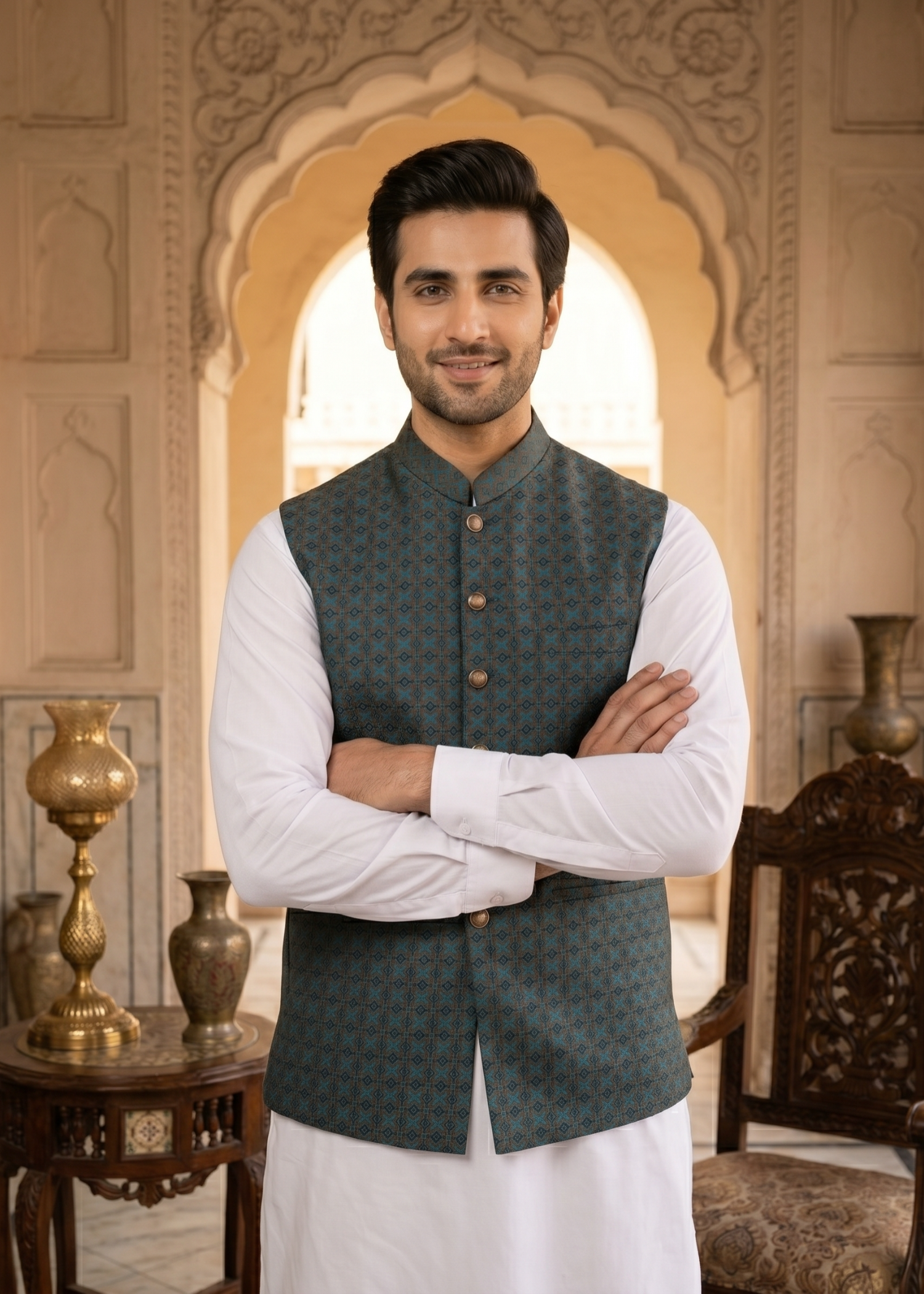 traditional jamawar Waistcoat in Brown, green