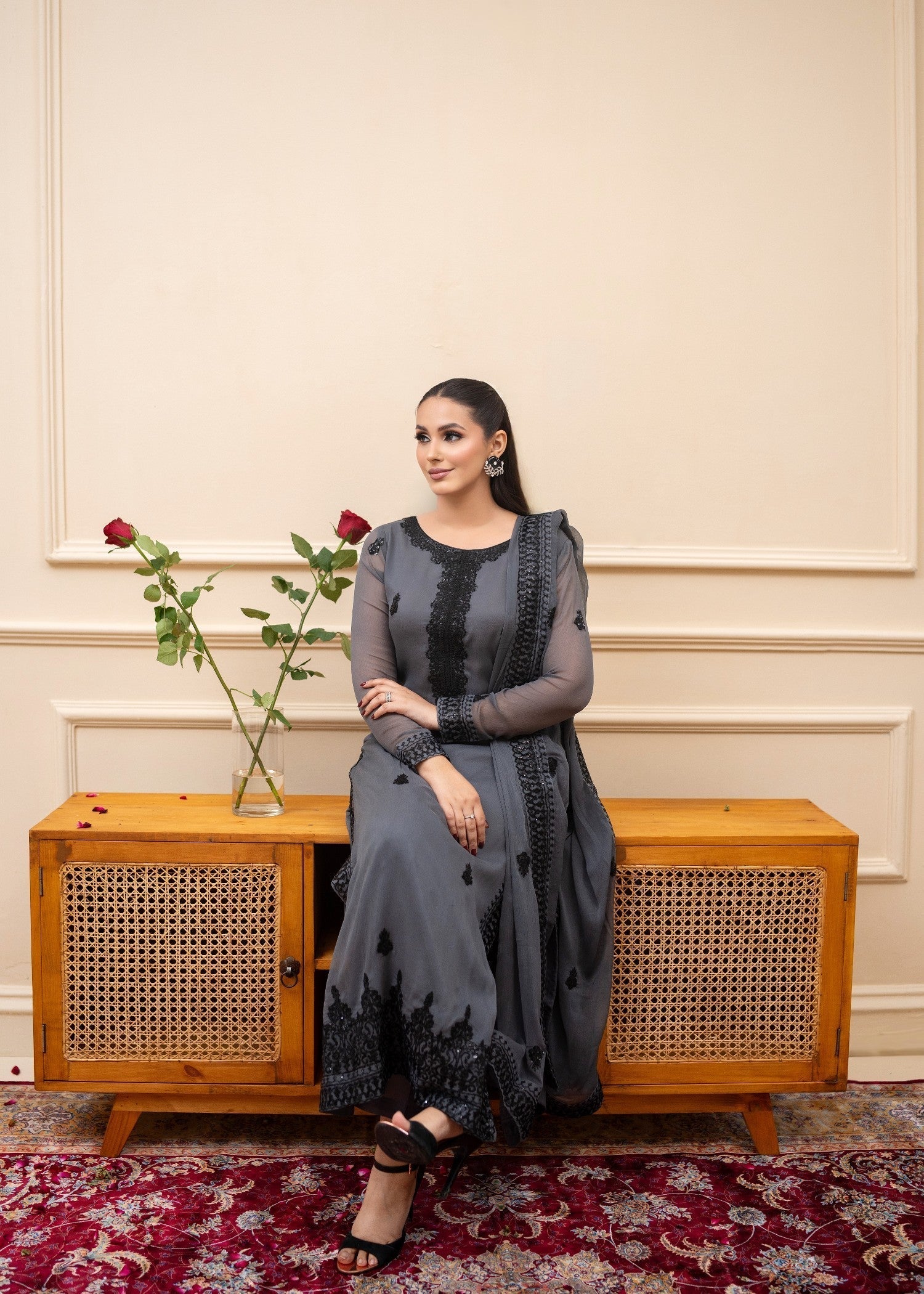 bemberg crinkle chiffon Kurta Set in Slate grey
