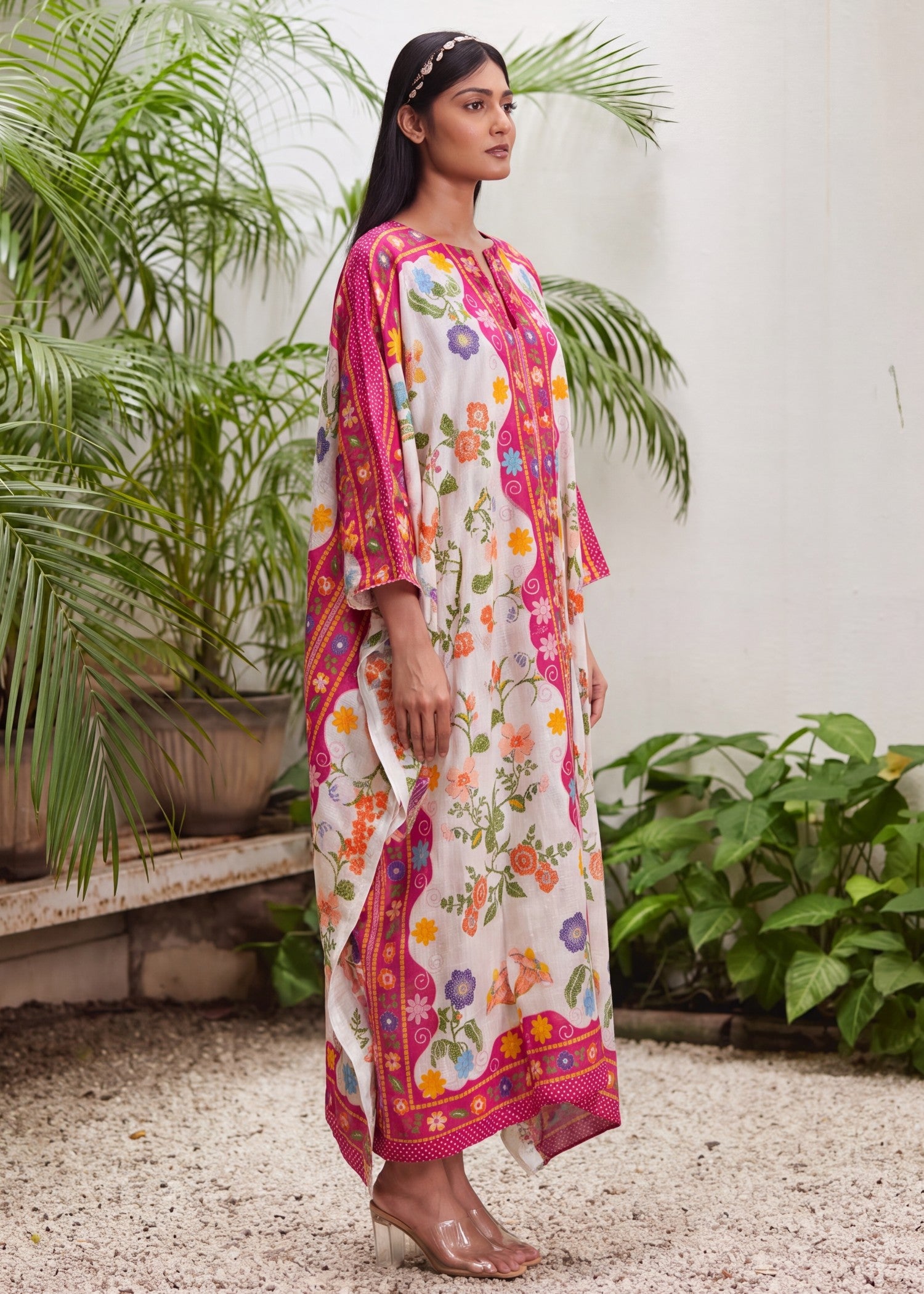 textured lawn Kaftan in Hot pink red