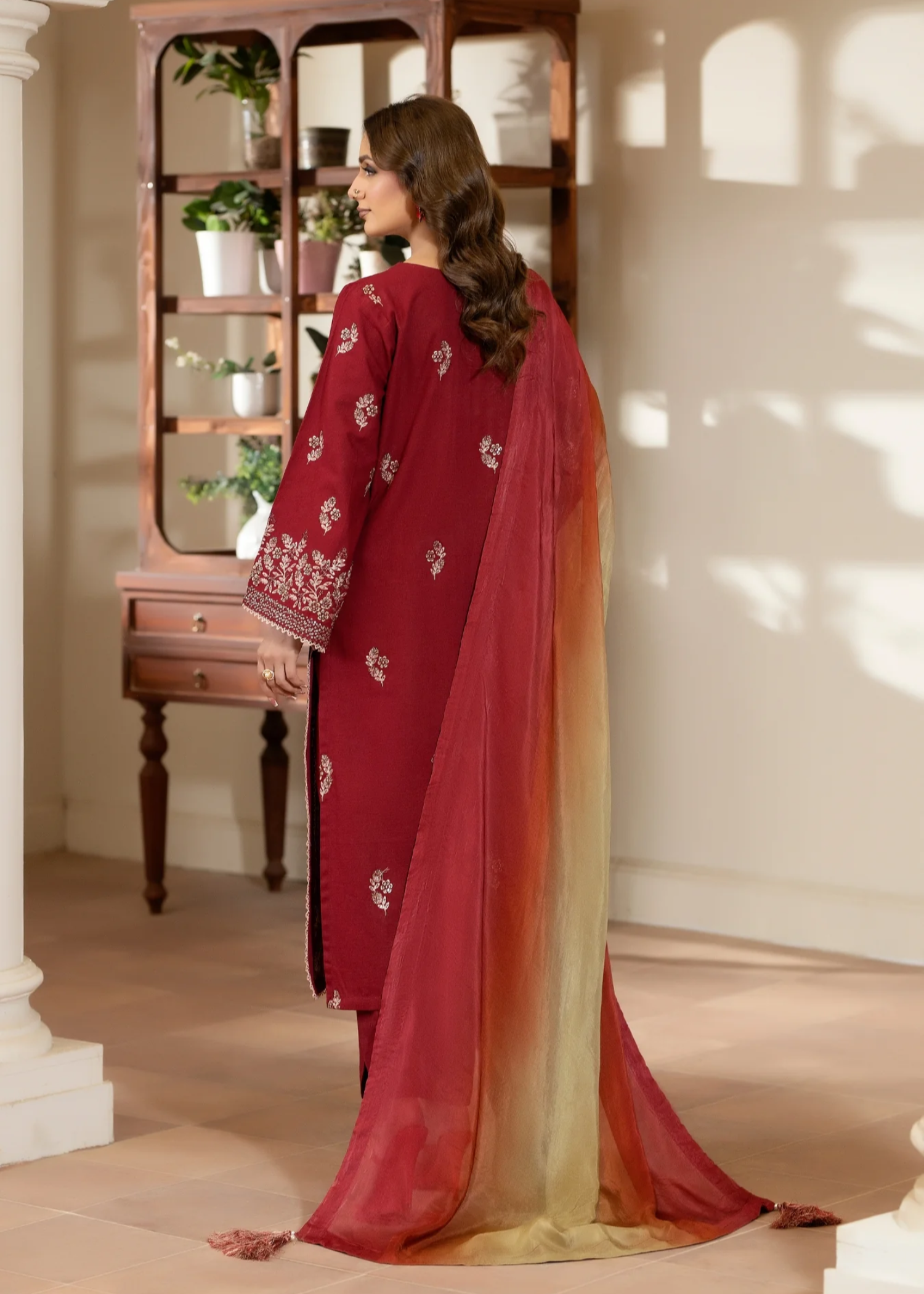 self jacquard Kurta Set in Red
