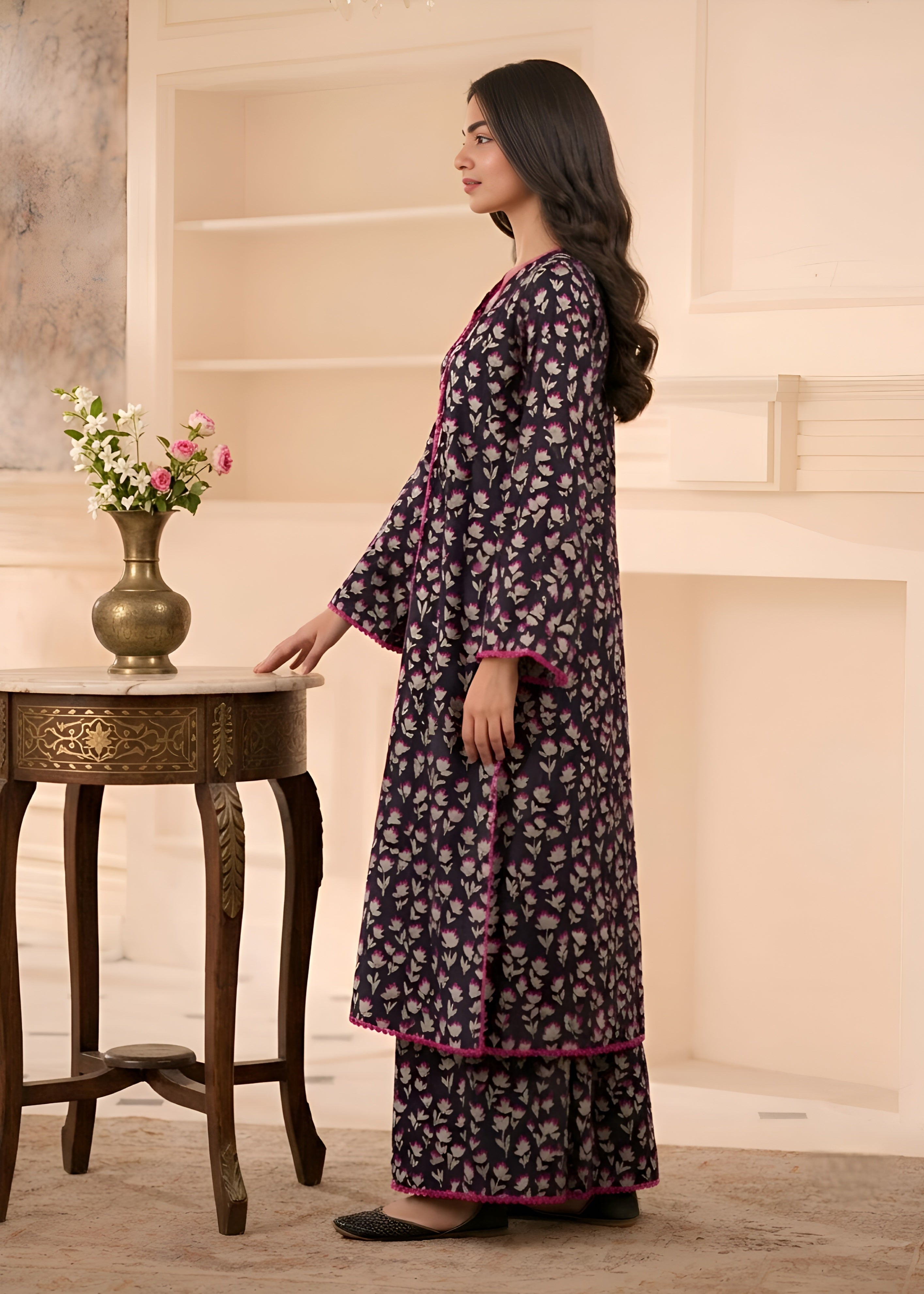 polycotton Pishwas in Off-white, black, taffy pink