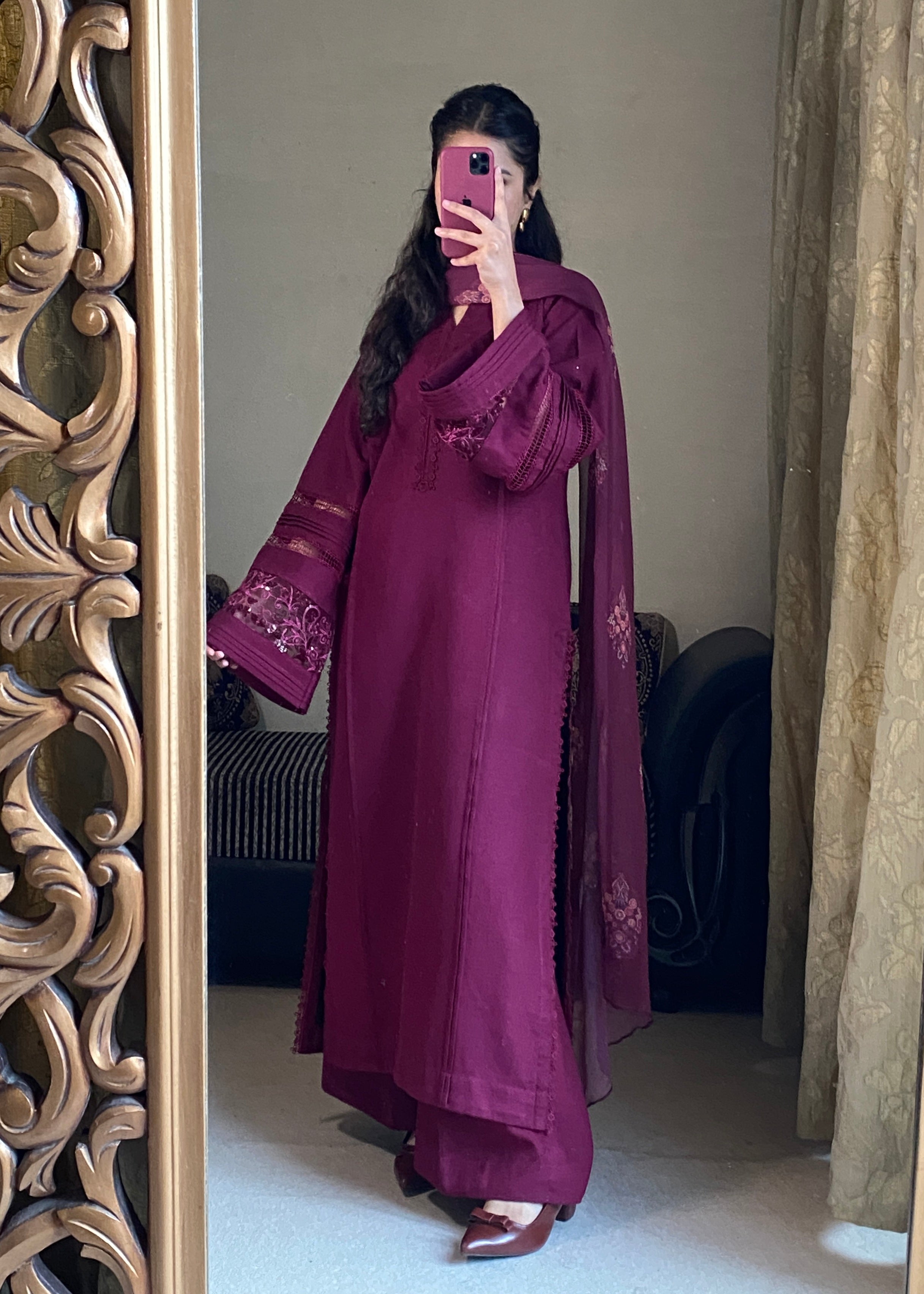 lawn cotton Kurta Set in Plum