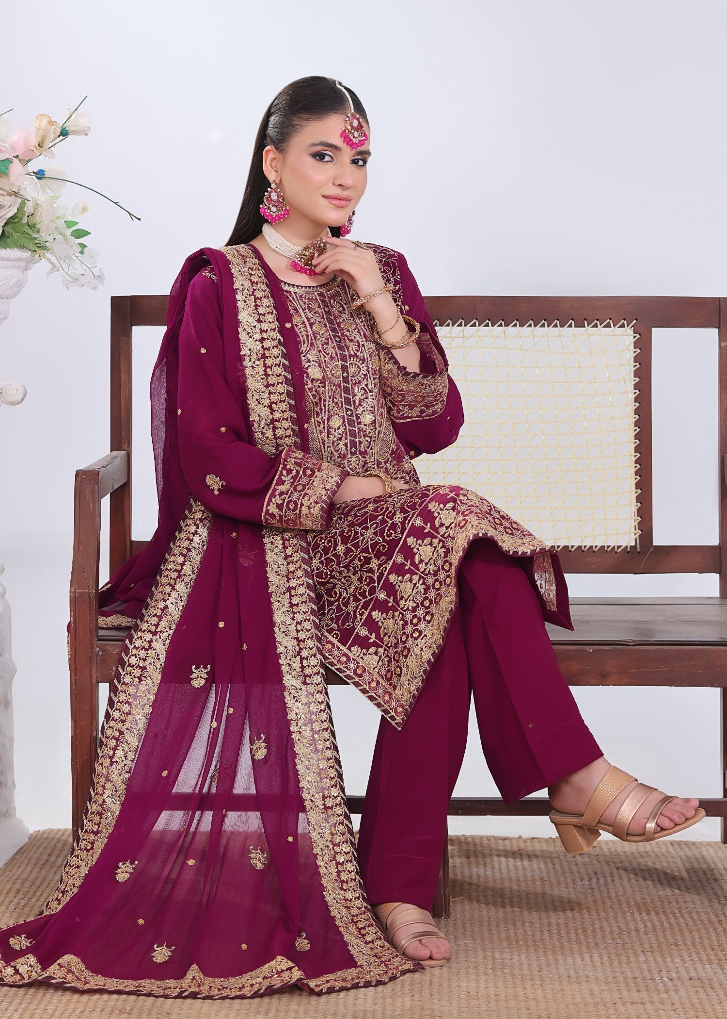 chiffon Kurta Set in Magenta haze