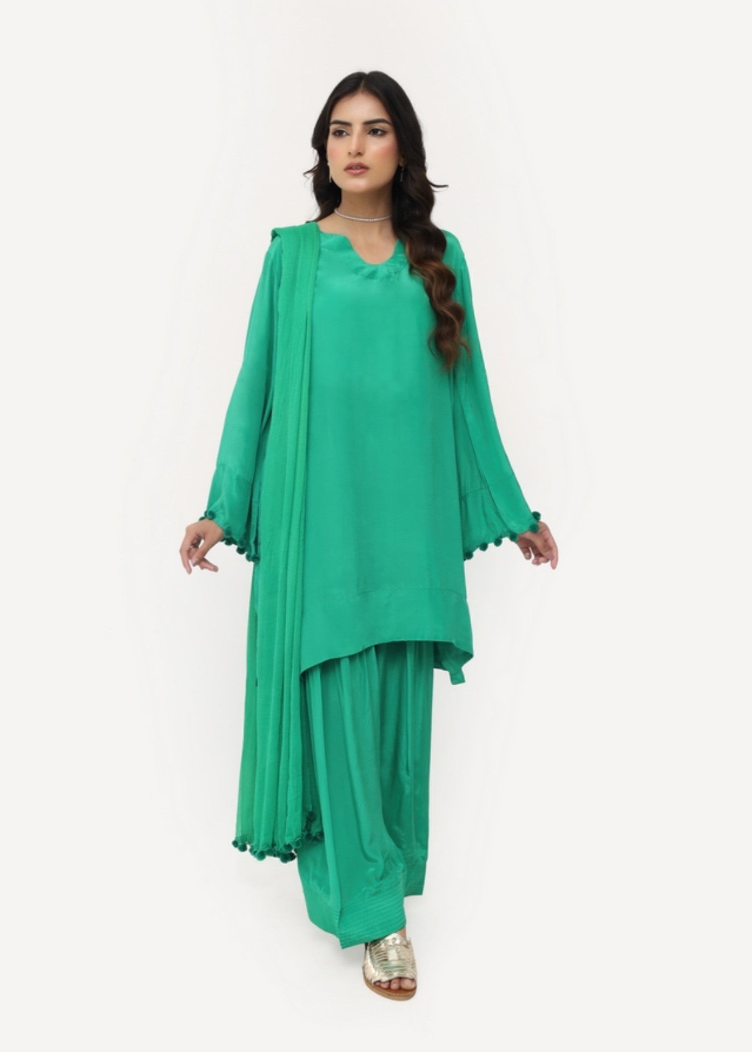 silk finish lawn Kurta Set in Green