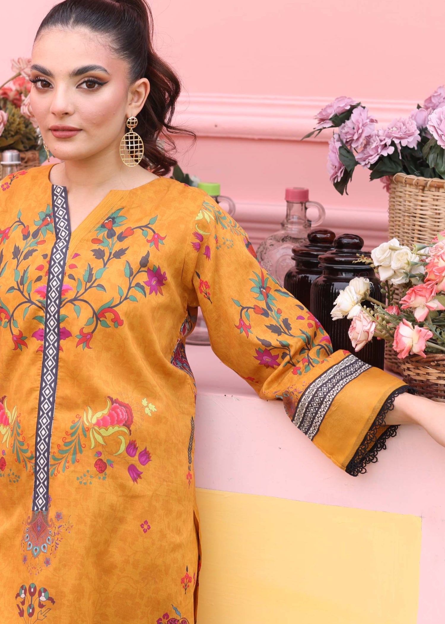 silk finish lawn Kurta Set in Mustard