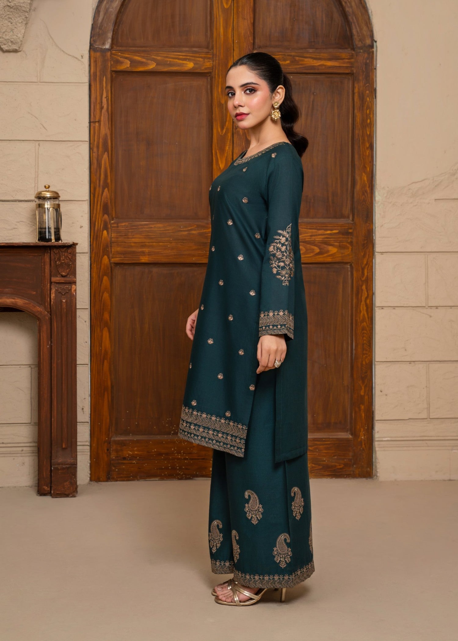 cotton Kurta Set in Bottle green