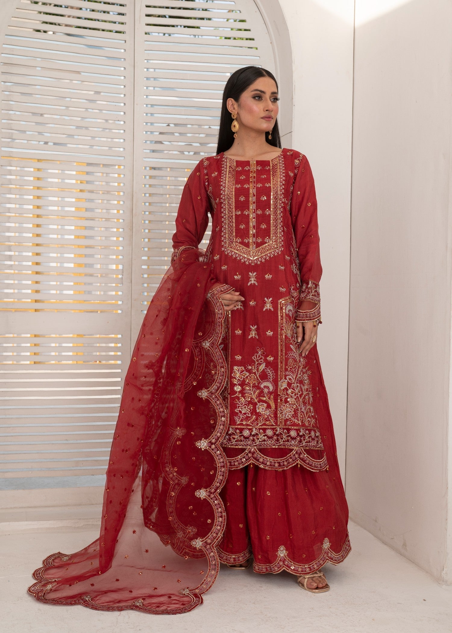 raw silk Sharara in Blood red