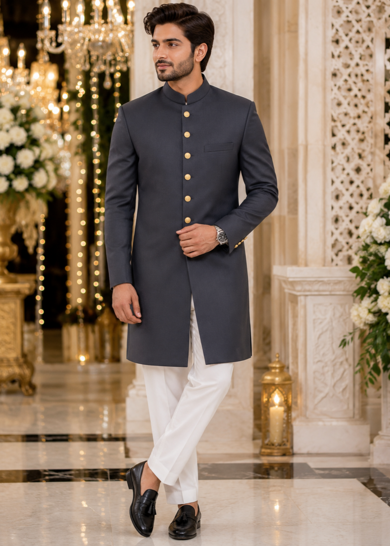 tropical Sherwani in Blue, grey