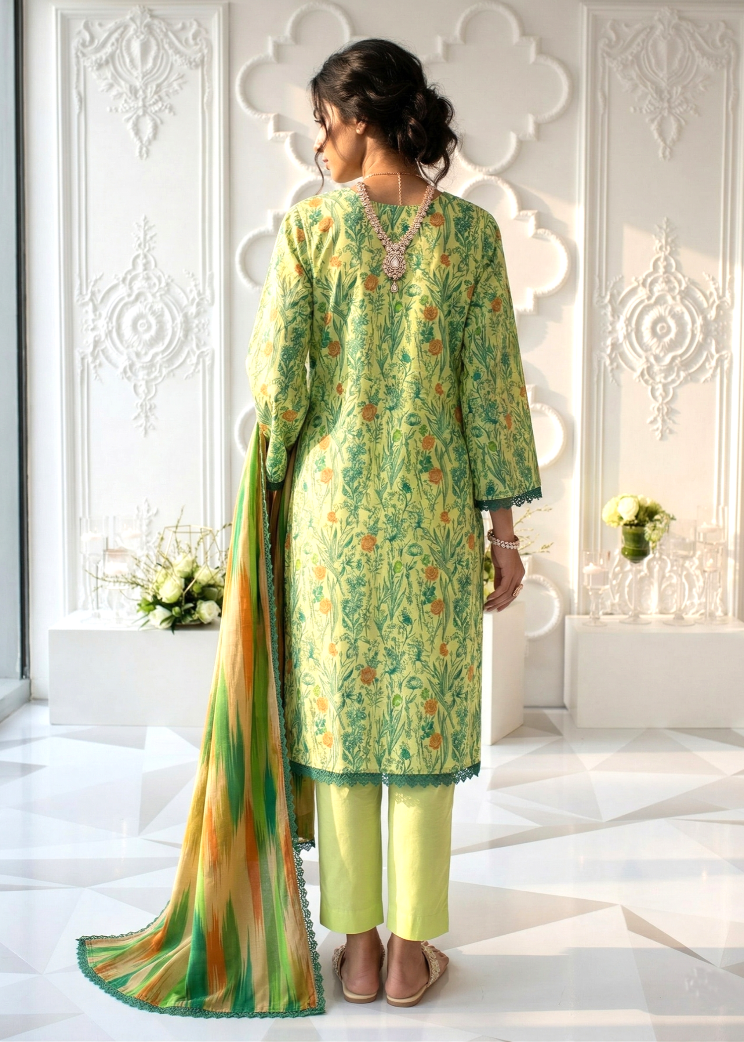 lawn Kurta Set in Yellow green