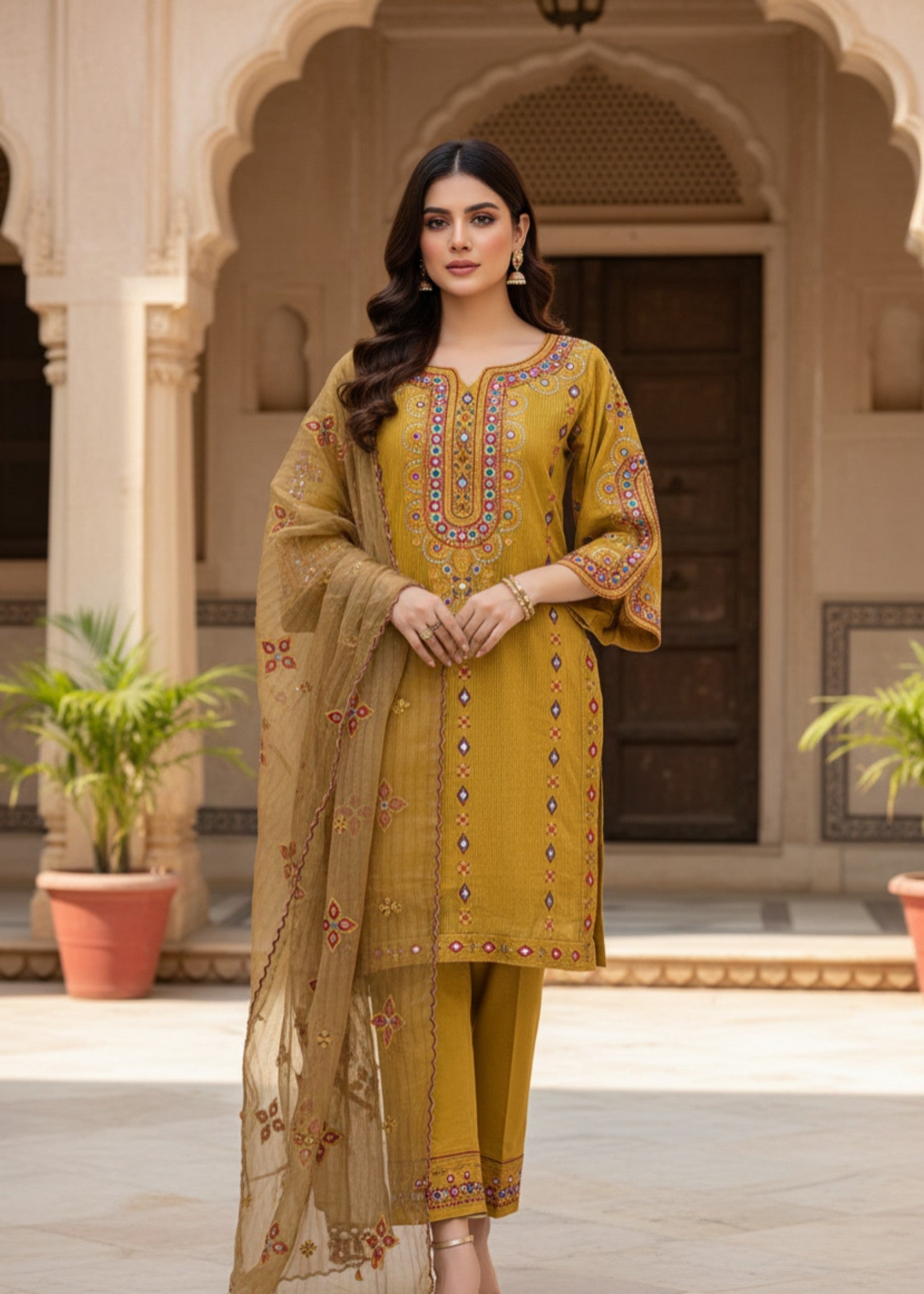 organza net Kurta Set in Golden orange