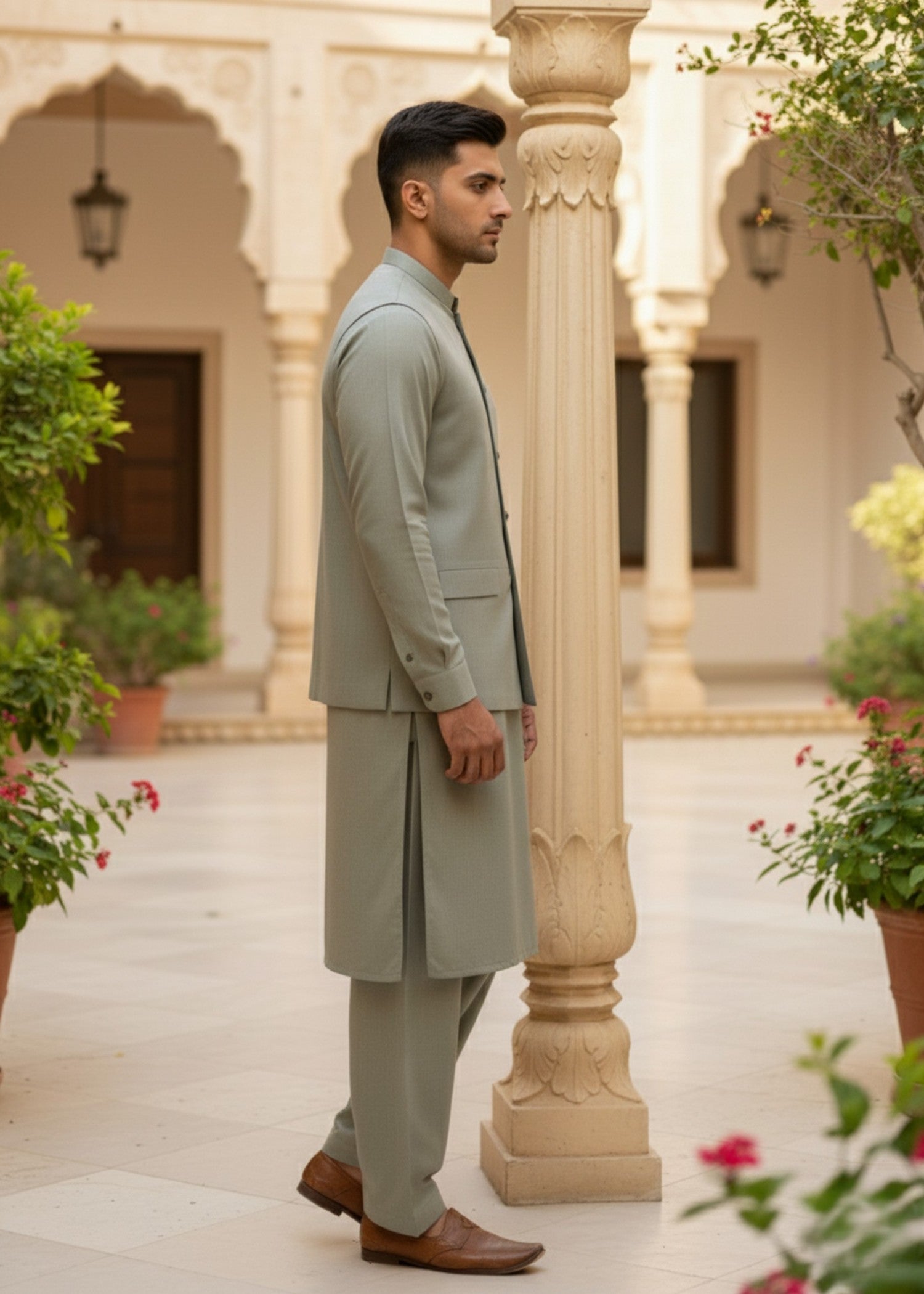 wash & wear Waistcoat in Sage green