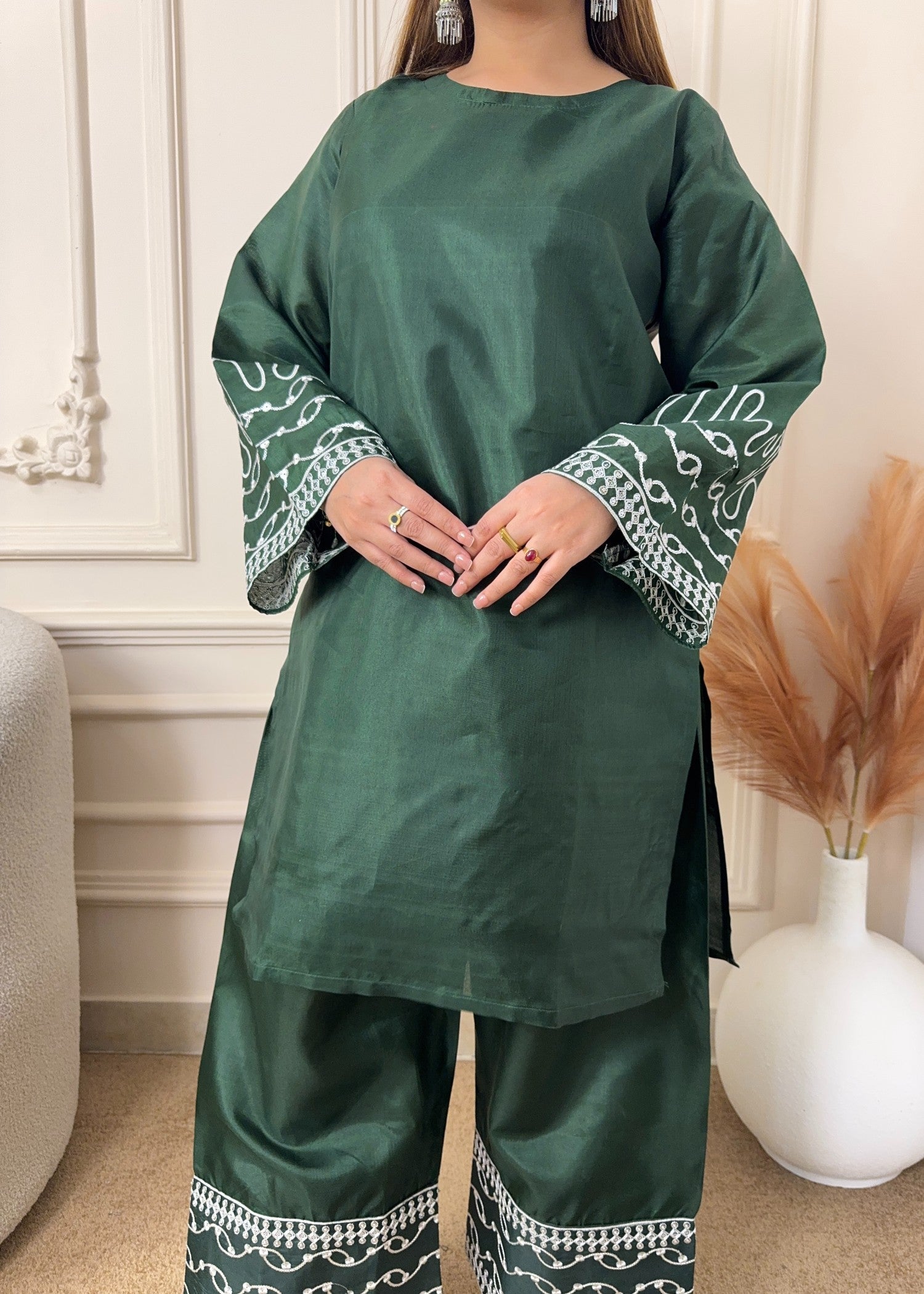 kattan silk Kurta Set in Hunter green