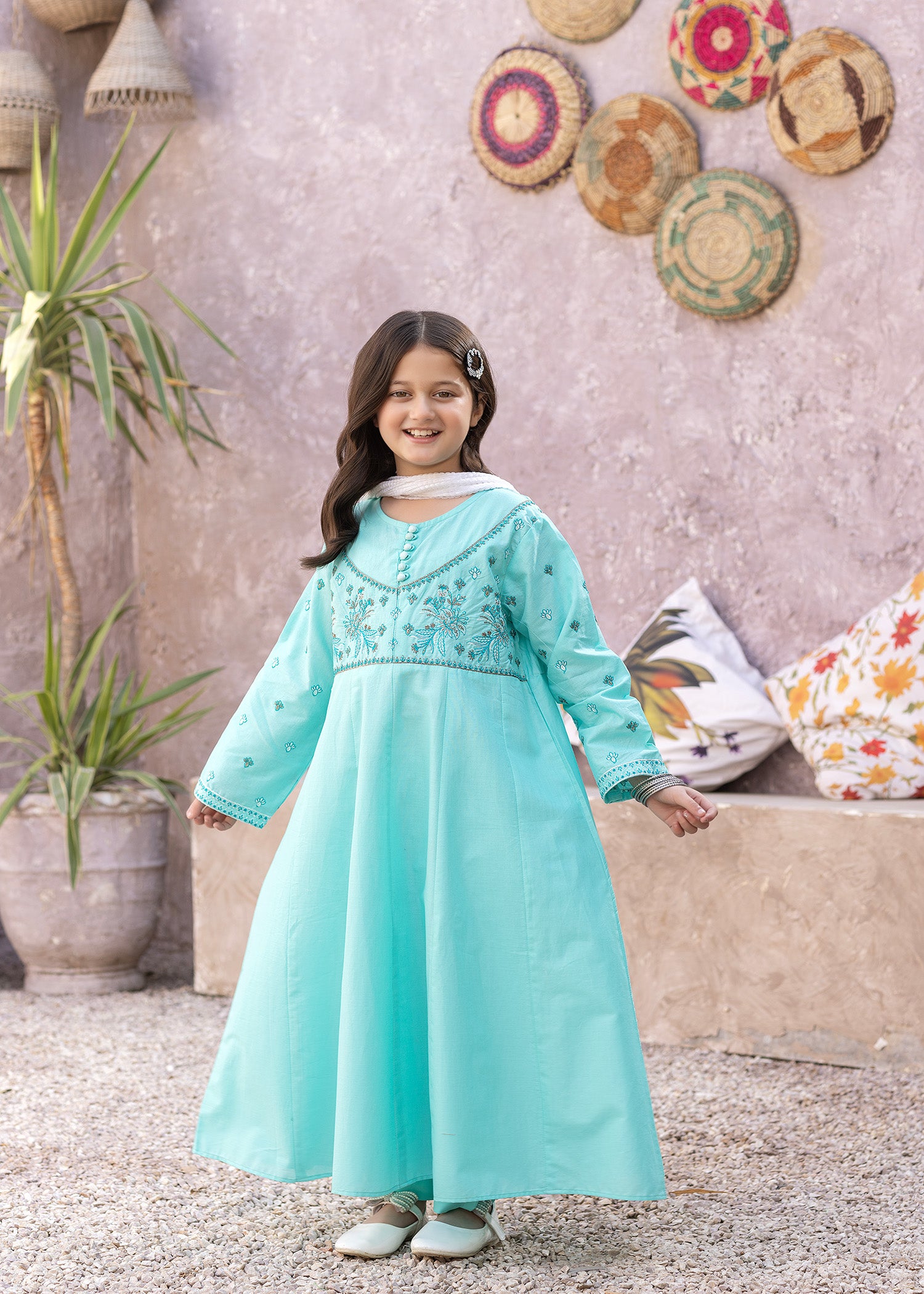 cotton Anarkali in Aquamarine