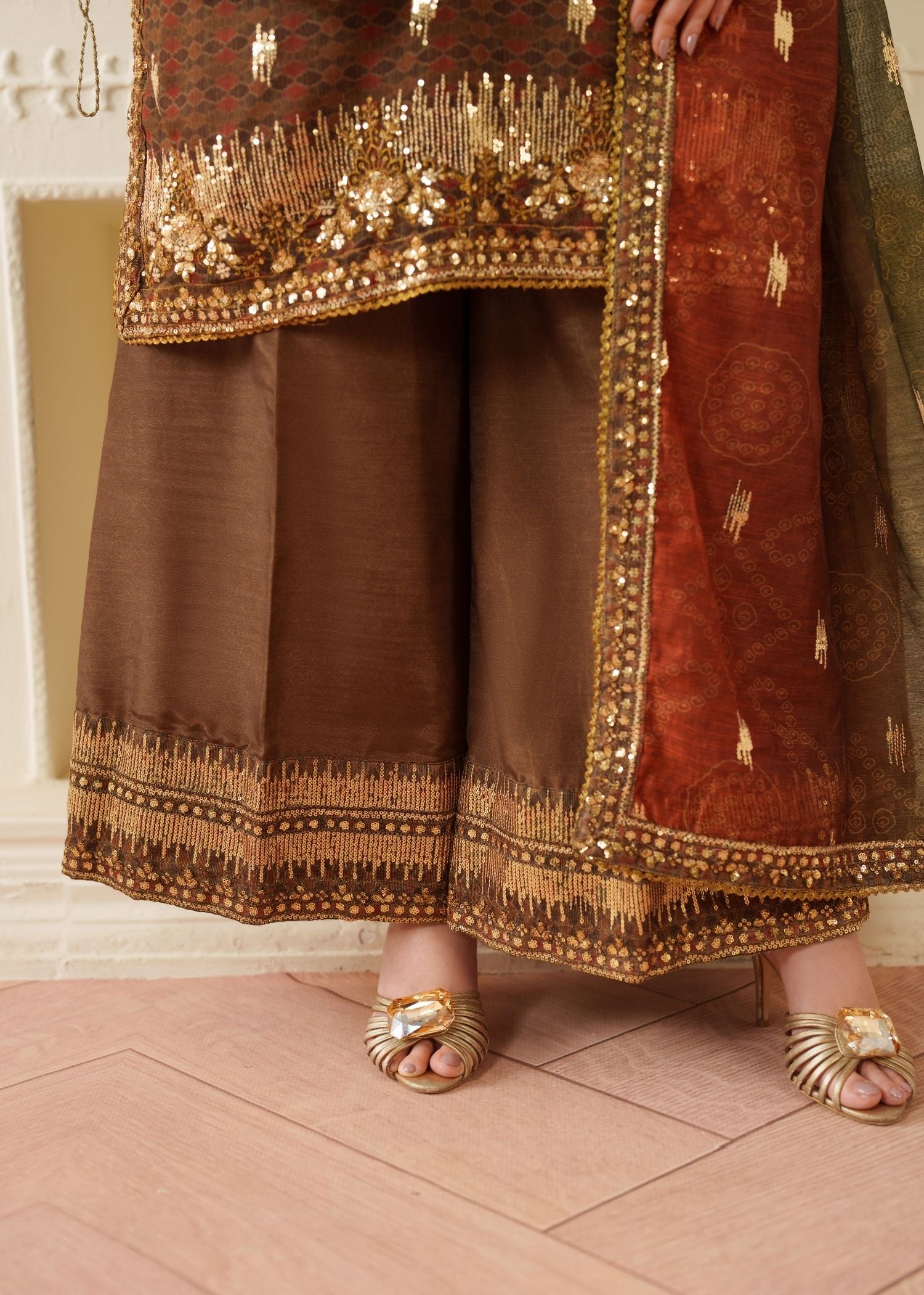 net Kurta Set in Brown