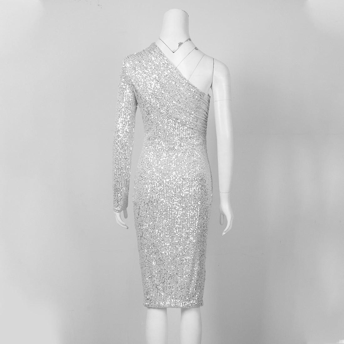 One-Shoulder Strapless Waist Sequined Shiny Catwalk Stage Dress