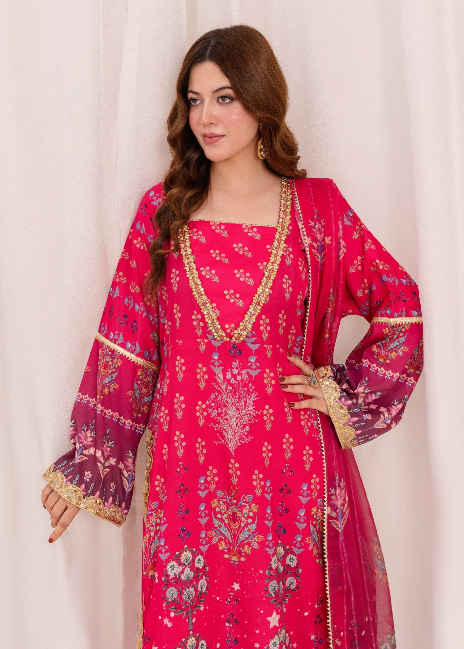 silk crepe Kurta Set in Fuchsia pink
