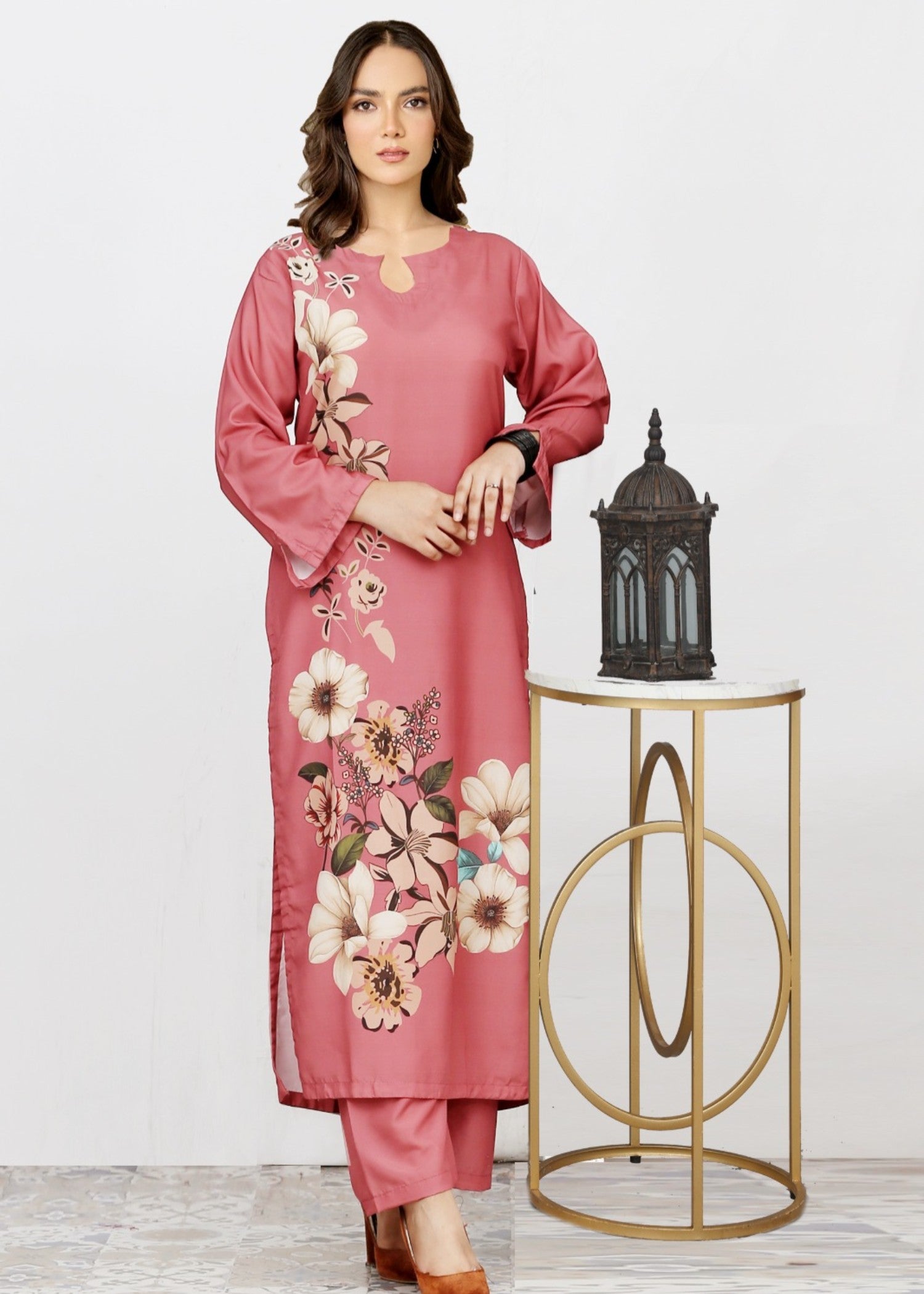 poly lawn Kurta Set in Melon pink