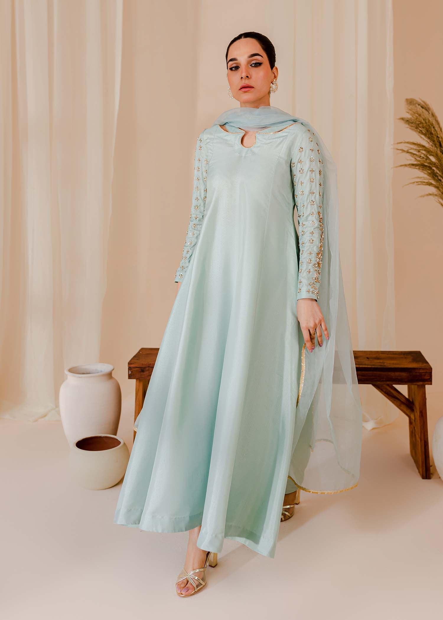 raw silk Pishwas in Ice blue