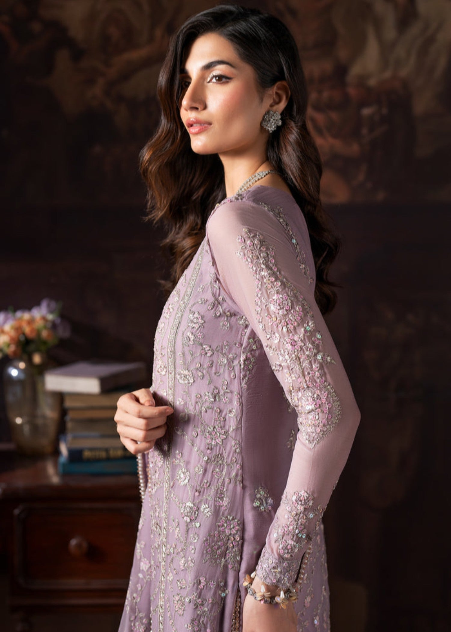 net Kurta Set in Lilac