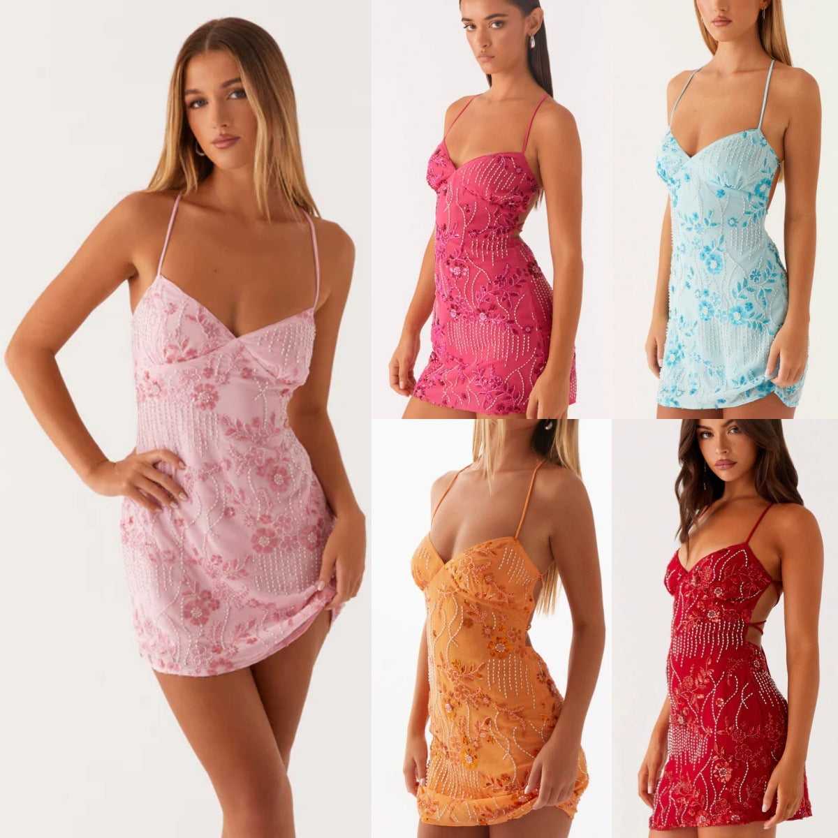 Women's Sequined Embroidered Backless Sling Dress