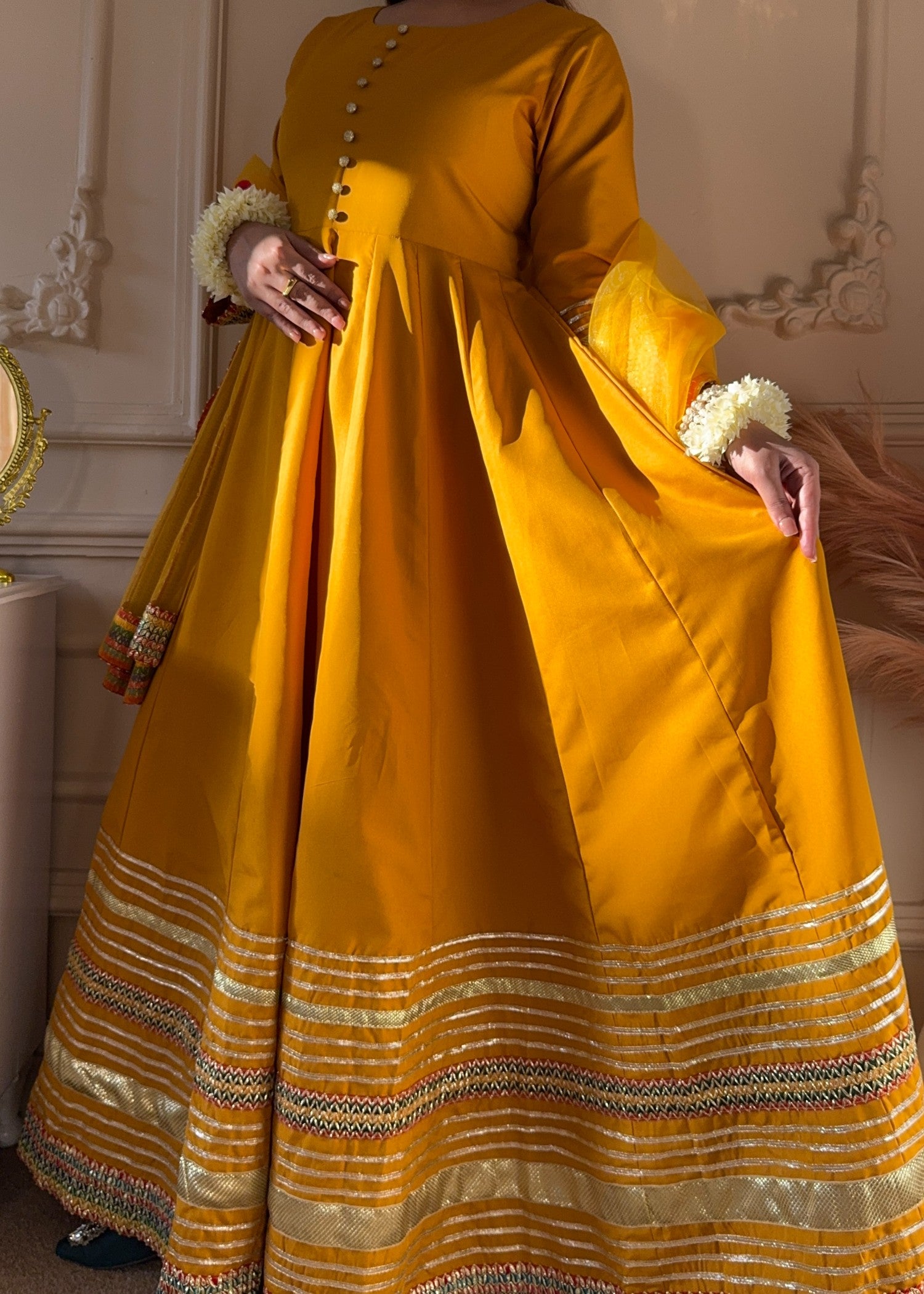 satin silk Anarkali in Mustard