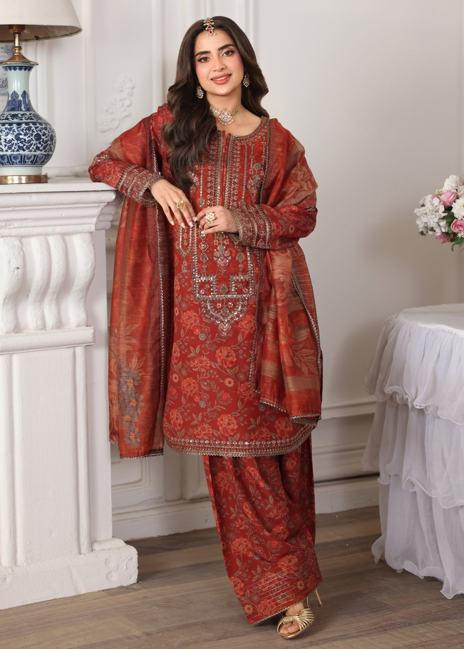 poly lawn Kurta Set in Rustic brown