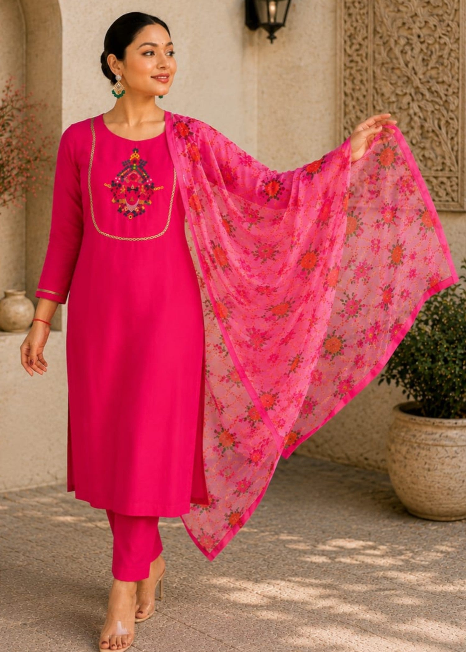linen Kurta Set in Hot pink