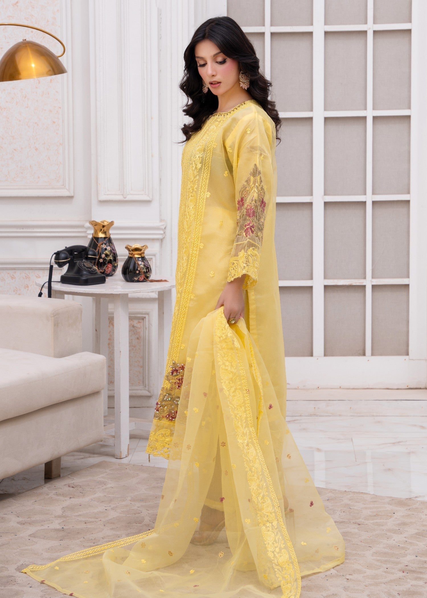 organza Kurta Set in Lemon