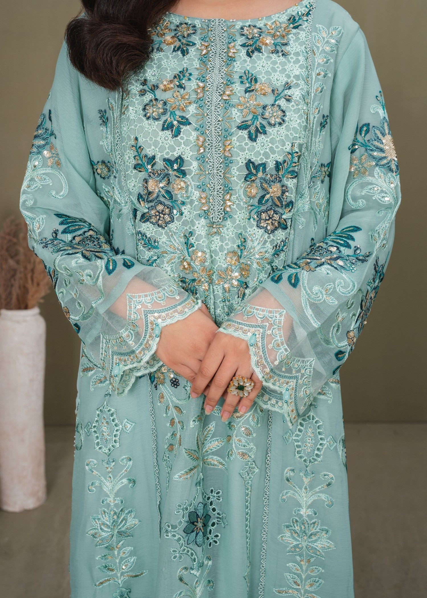 crinkle chiffon Kurta Set in Aquamarine