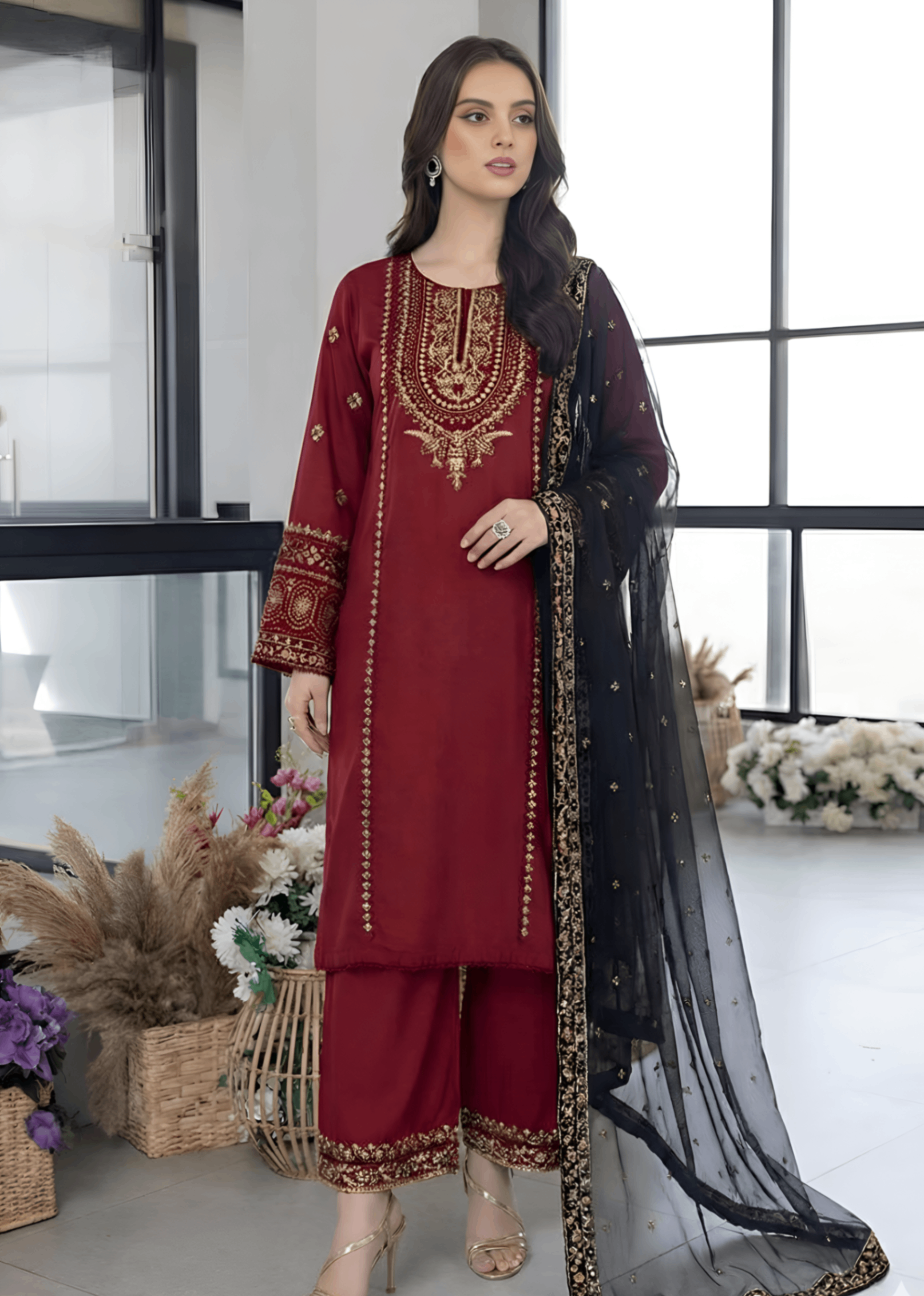 cambric Kurta Set in Crimson