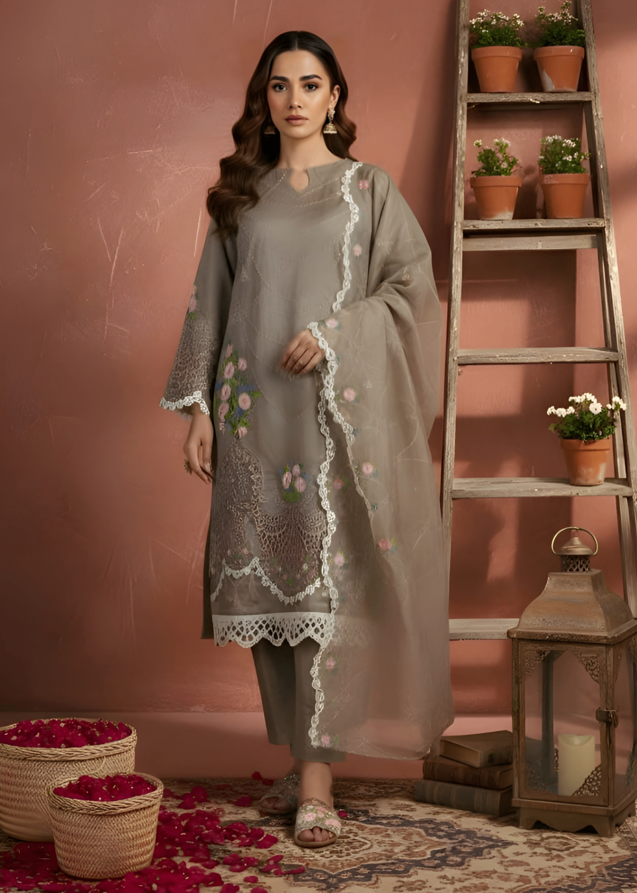 cotton net Kurta Set in Mocha brown