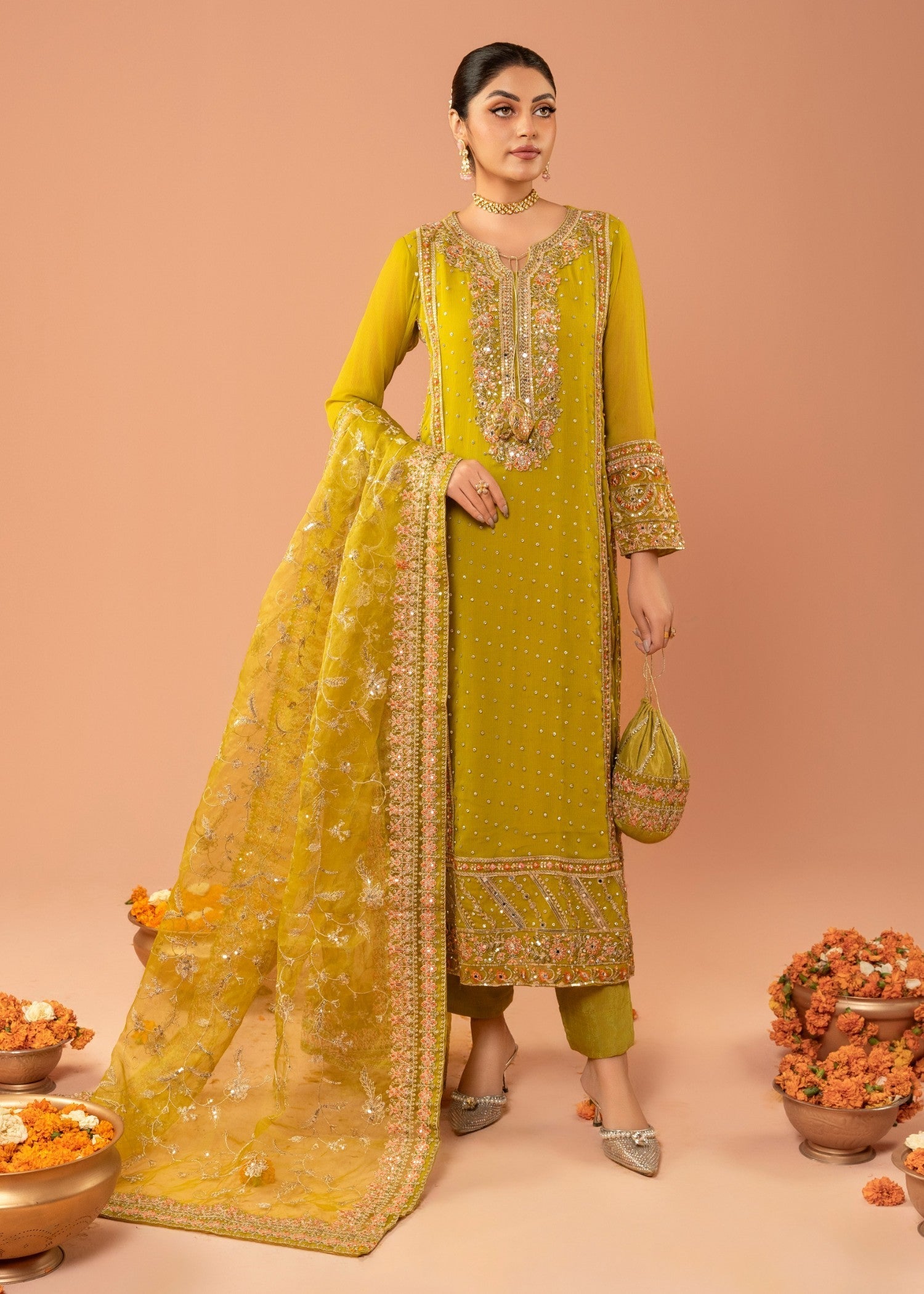 chiffon Kurta Set in Straw