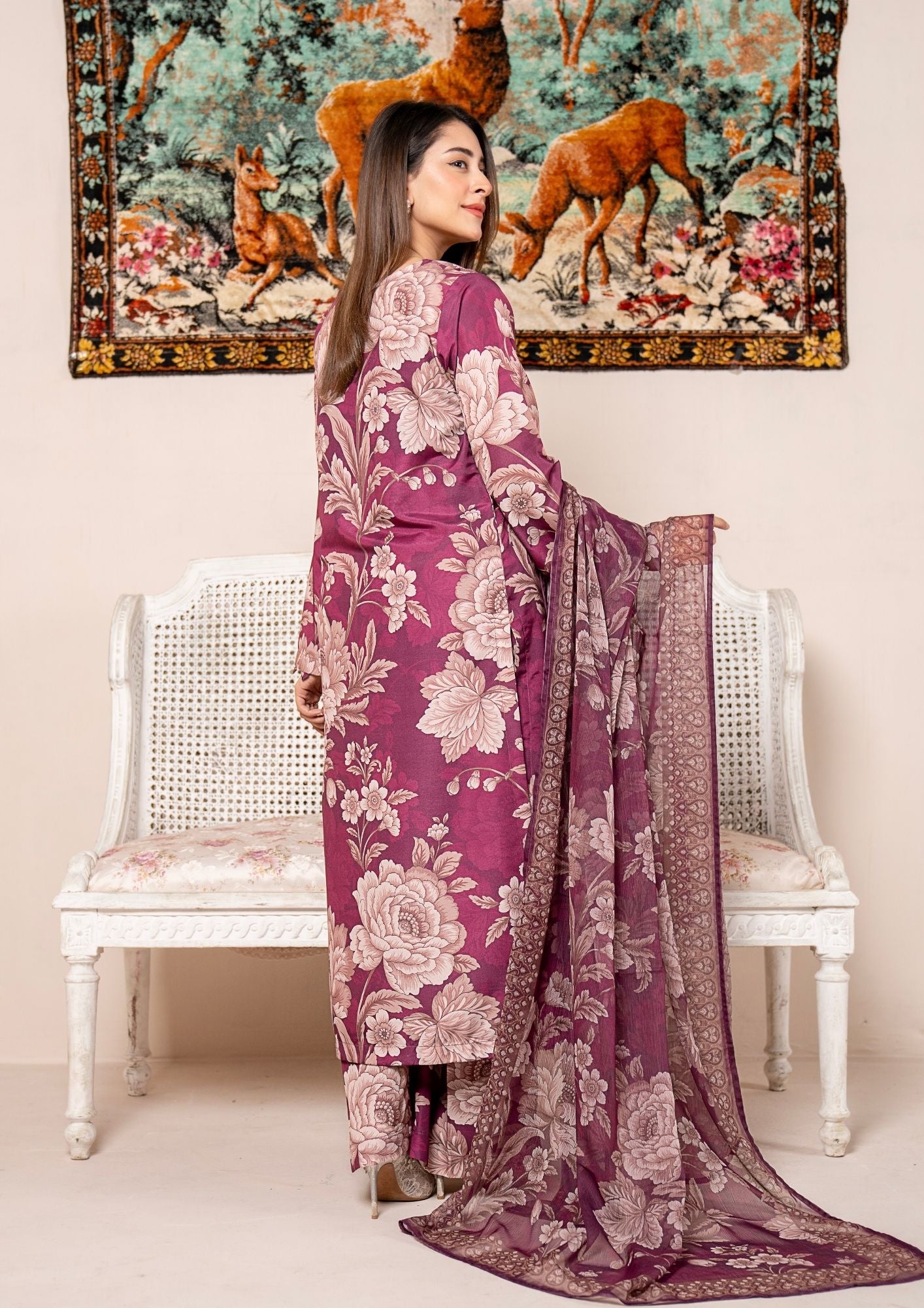 arabic lawn Kurta Set in Rose red