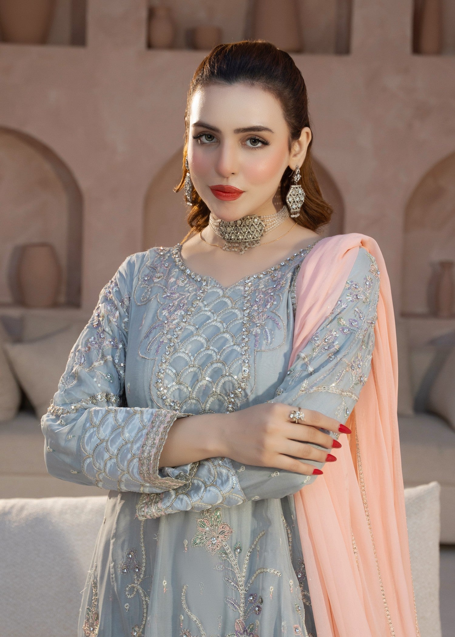 chiffon Pishwas in Slate grey